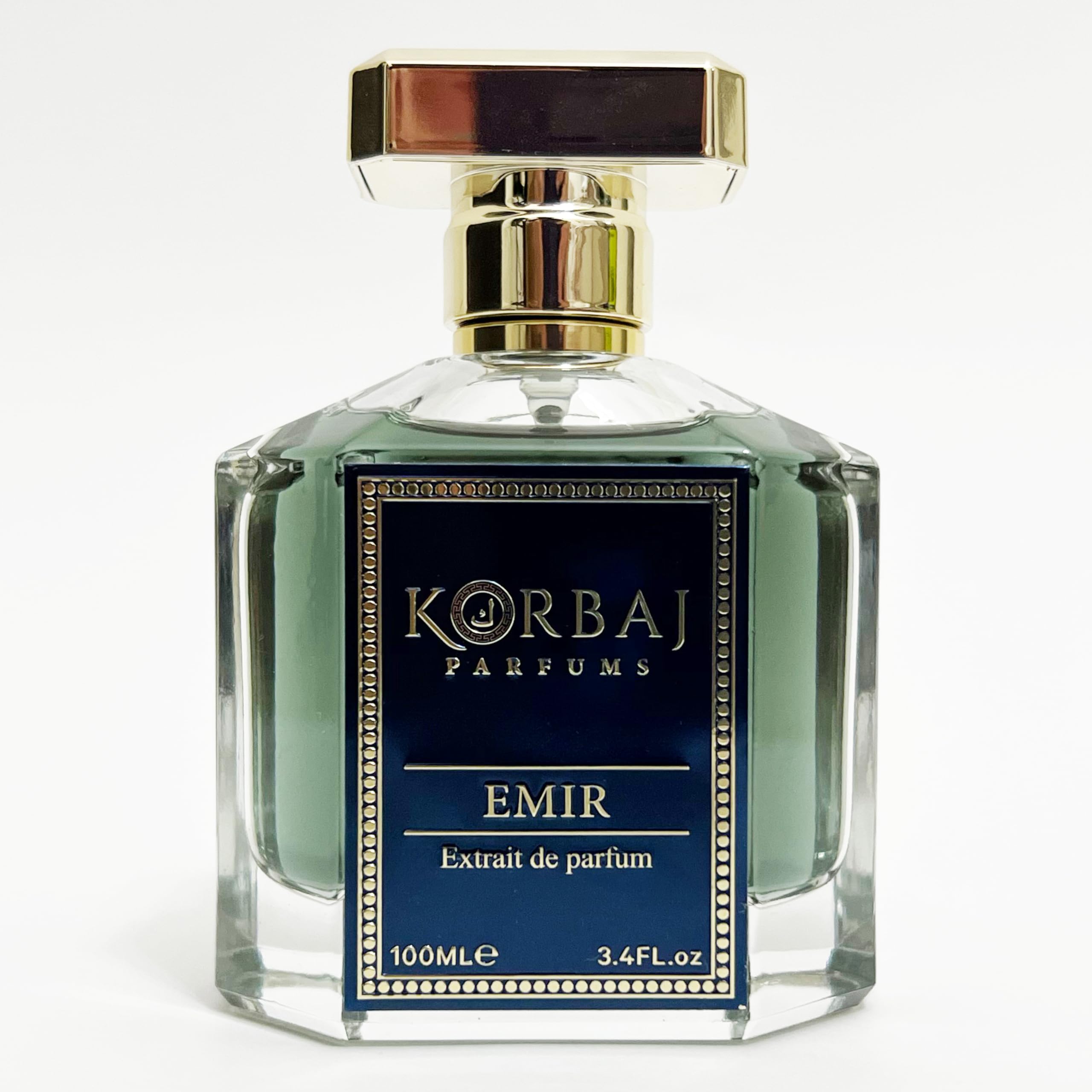 KORBAJ PARFUMS Emir front bottle shows sleek blue design and premium presence