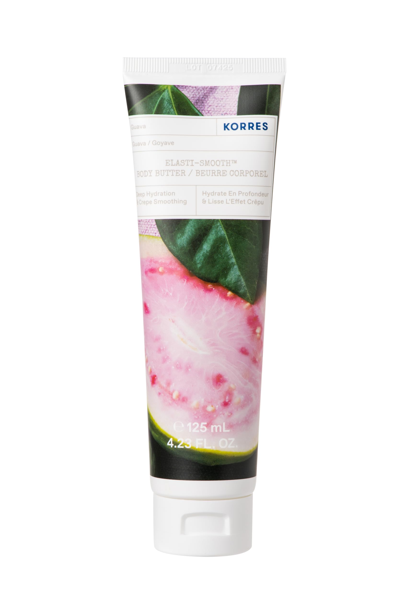 KORRES front jar view showing product label and guava scent benefit