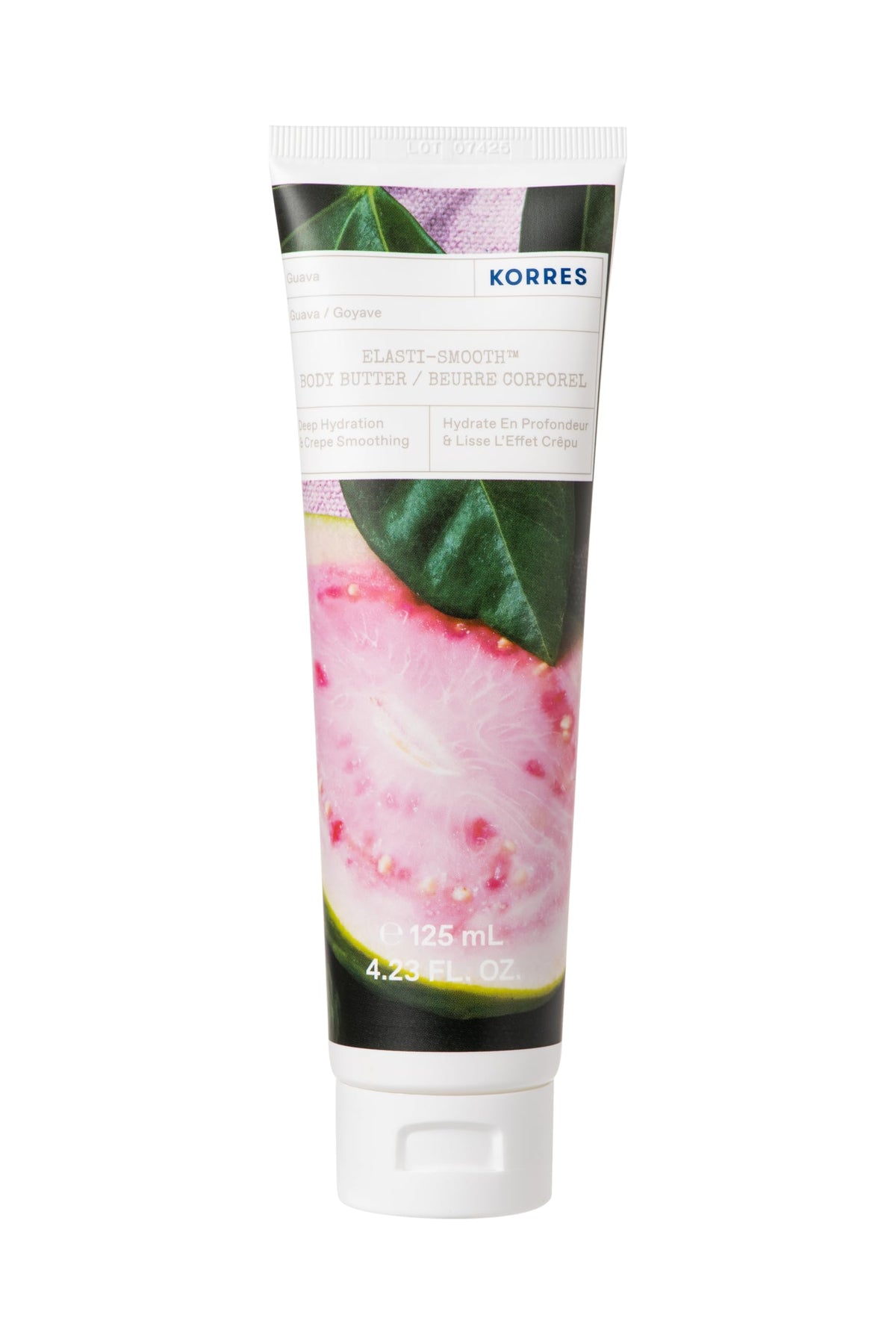 KORRES front jar view showing product label and guava scent benefit