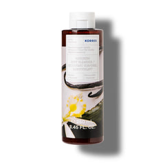 KORRES Mediterranean Vanilla Blossom bottle front showing hydrating, foaming cleanser benefit