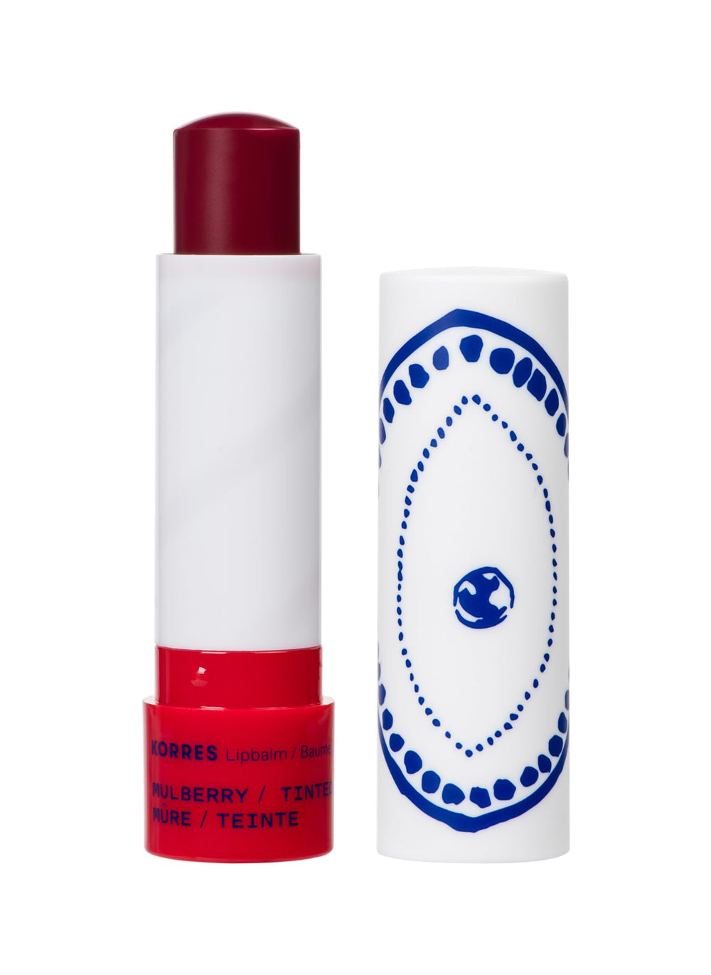 KORRES mulberry tinted lip butter front packaging showing compact travel size and tint