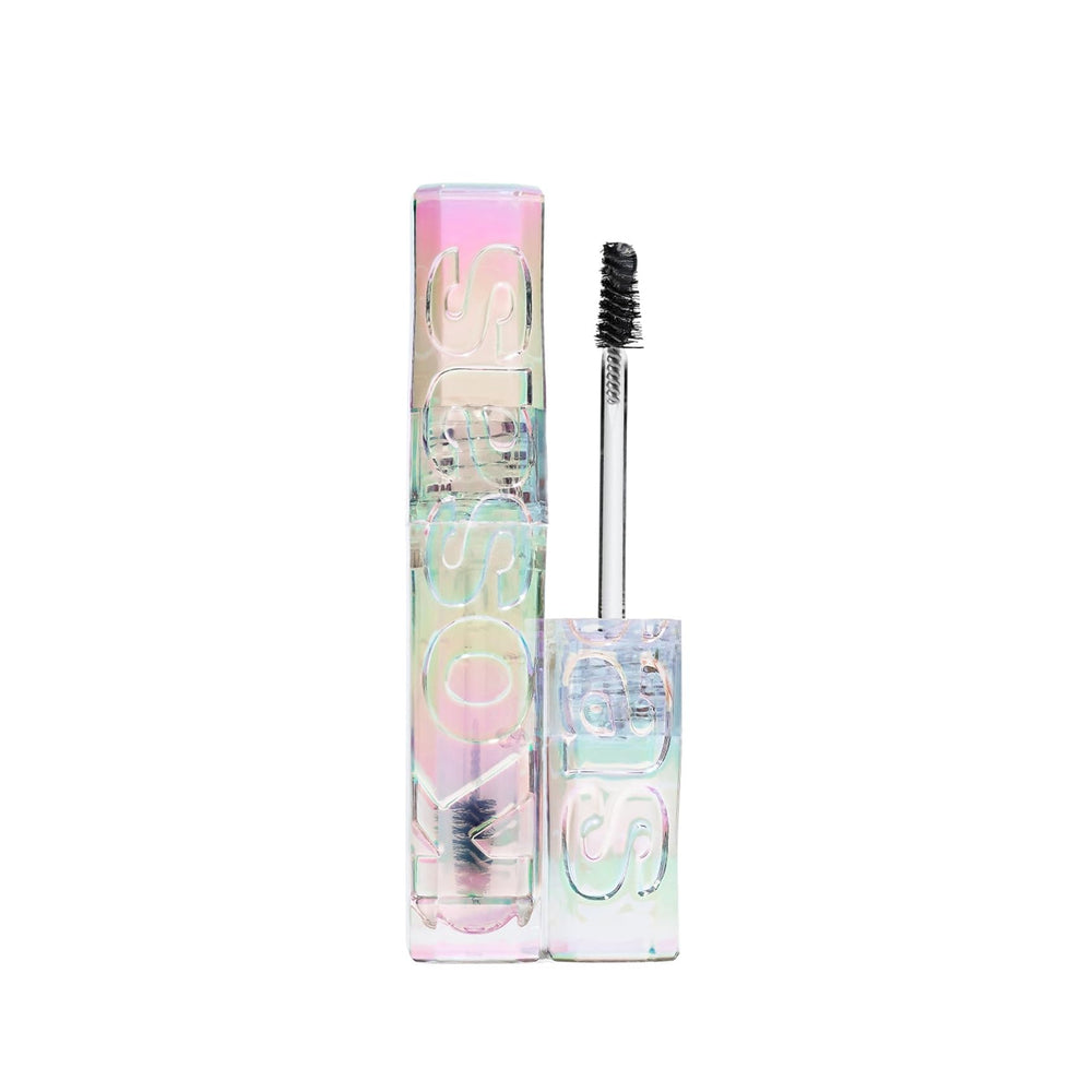 Kosas clear brow gel front packaging showing compact tube and wand