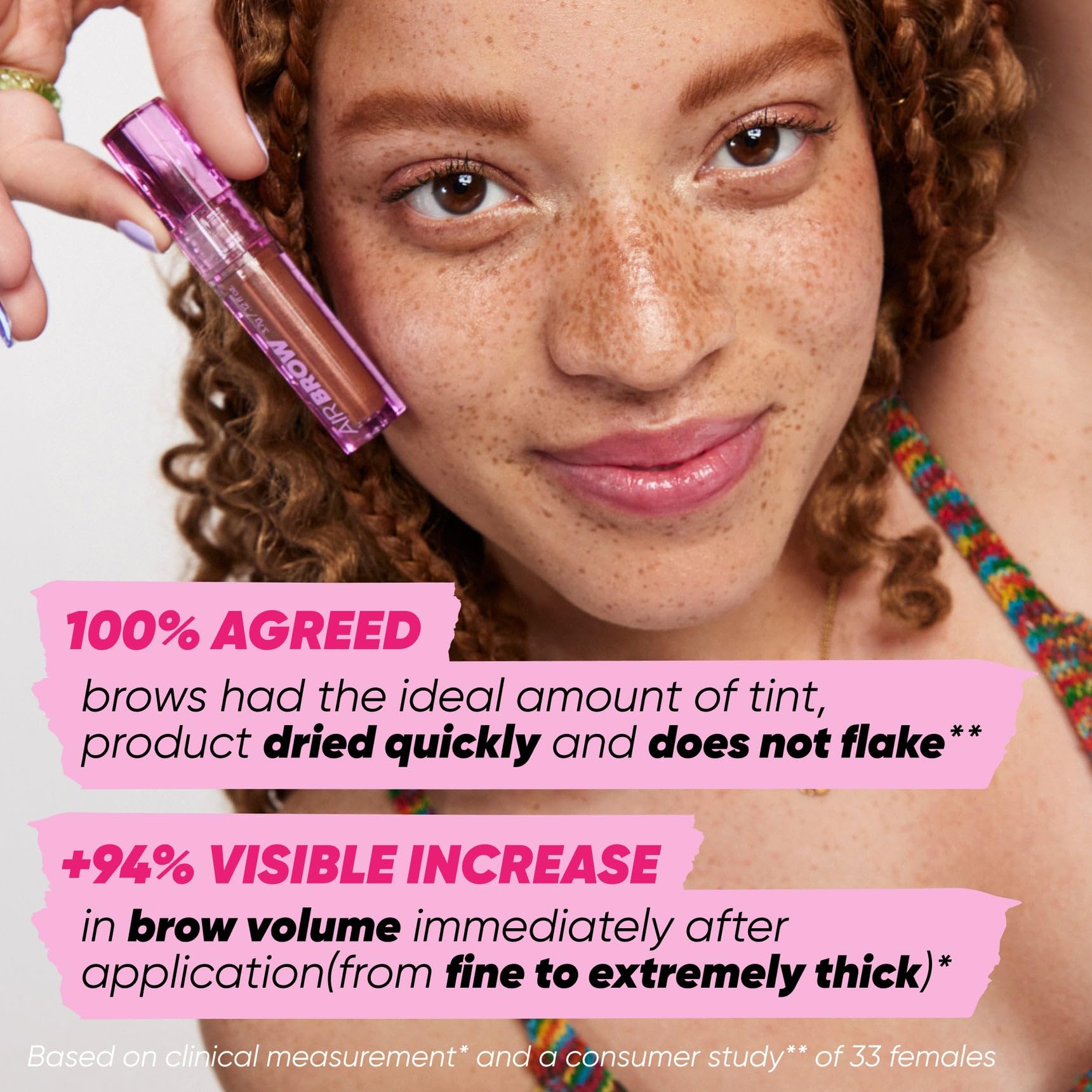 Kosas Air Brow label and ingredients close-up highlighting castor oil and panthenol benefit