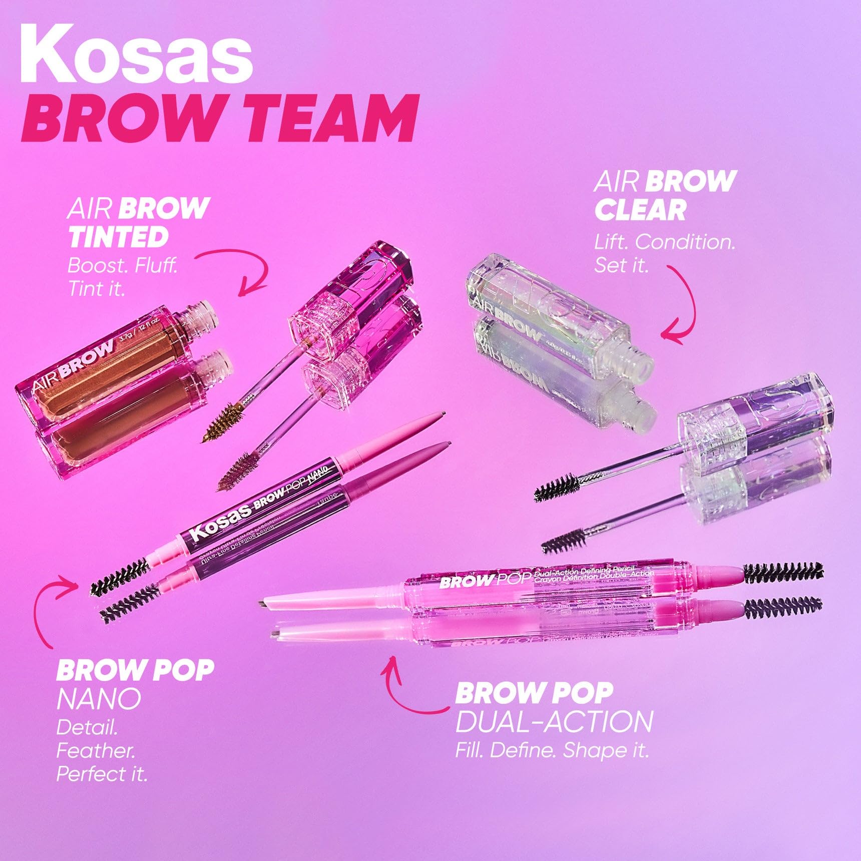 Kosas model applying pencil to brows for natural definition and grooming benefit