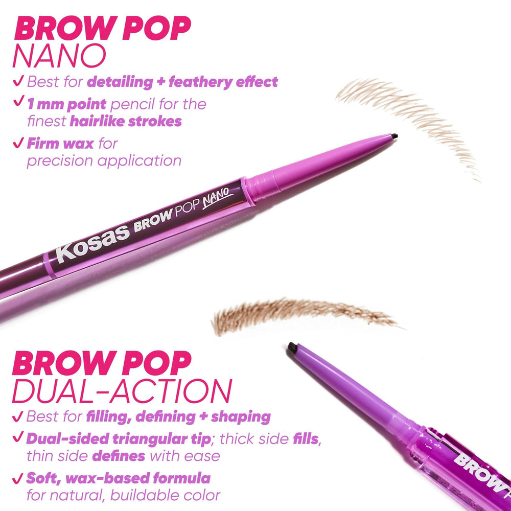 Kosas Brow Pop beside ruler showing compact size and easy portability benefit