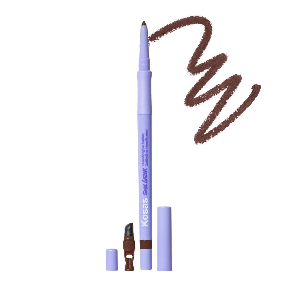 Kosas Soulgazer front packaging showing warm brown pencil, easy portability benefit