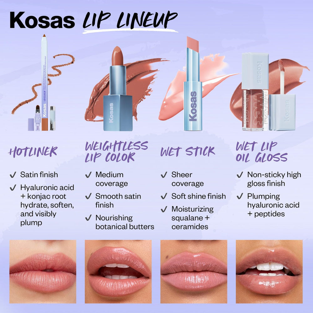 Kosas before and after lips showing improved smoothness and visible glossy finish