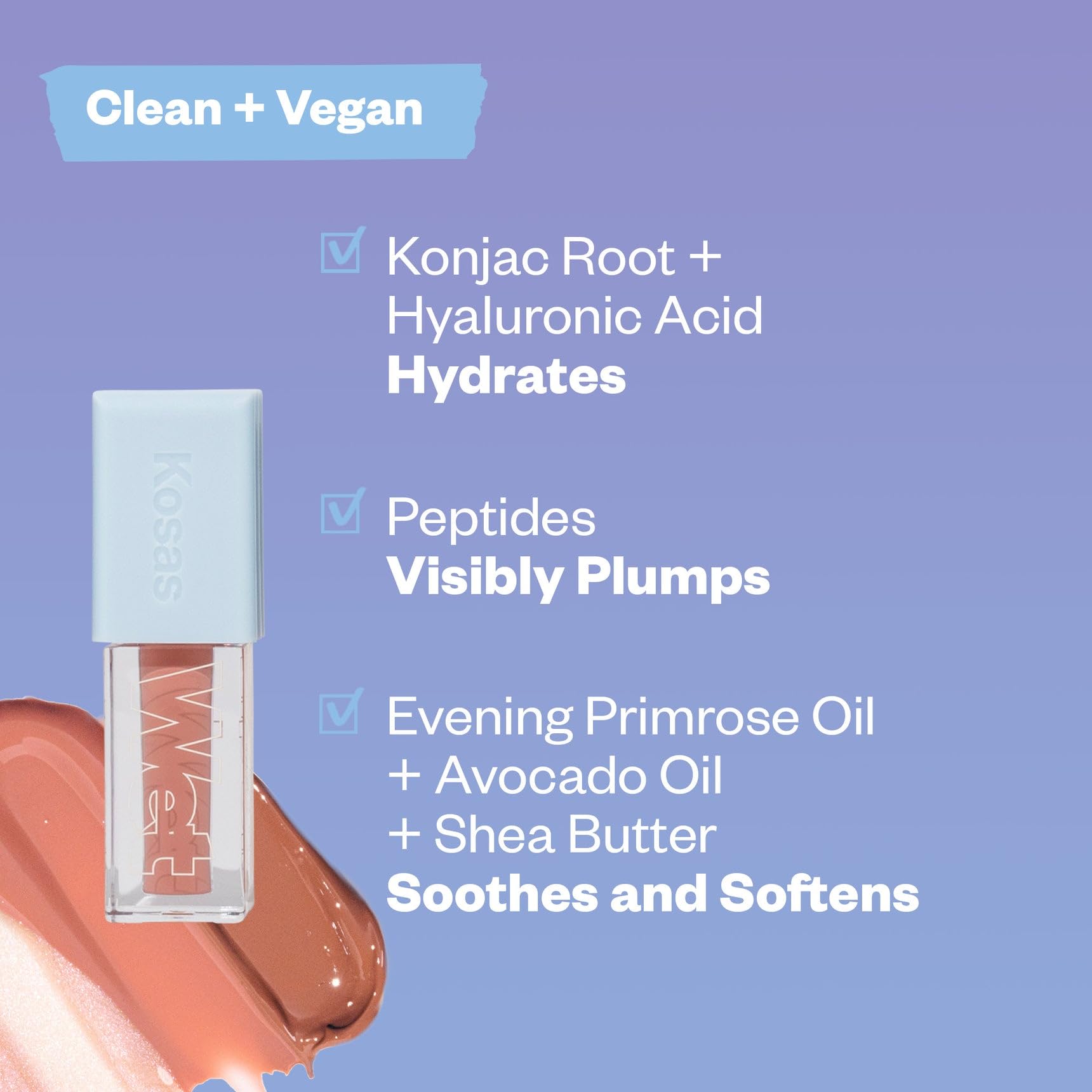 Kosas ingredient visual with hyaluronic acid and peptides indicating moisture-support benefits