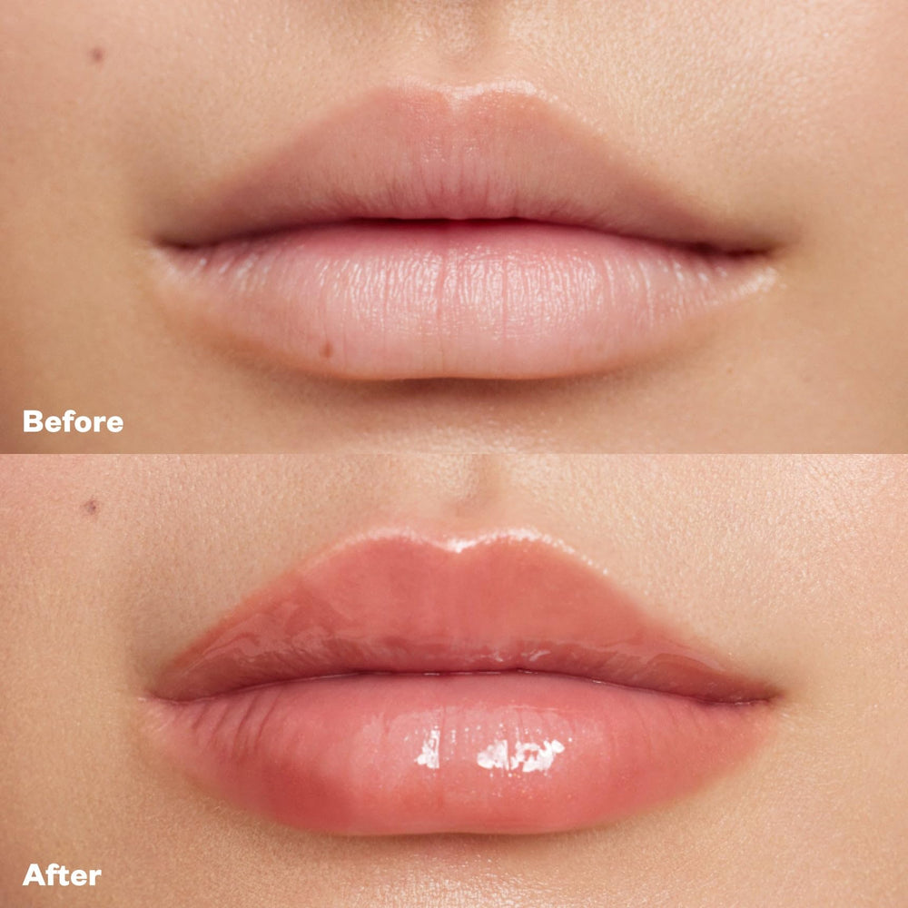 Kosas gloss layered over matte lipstick adding shine without heavy or sticky feel
