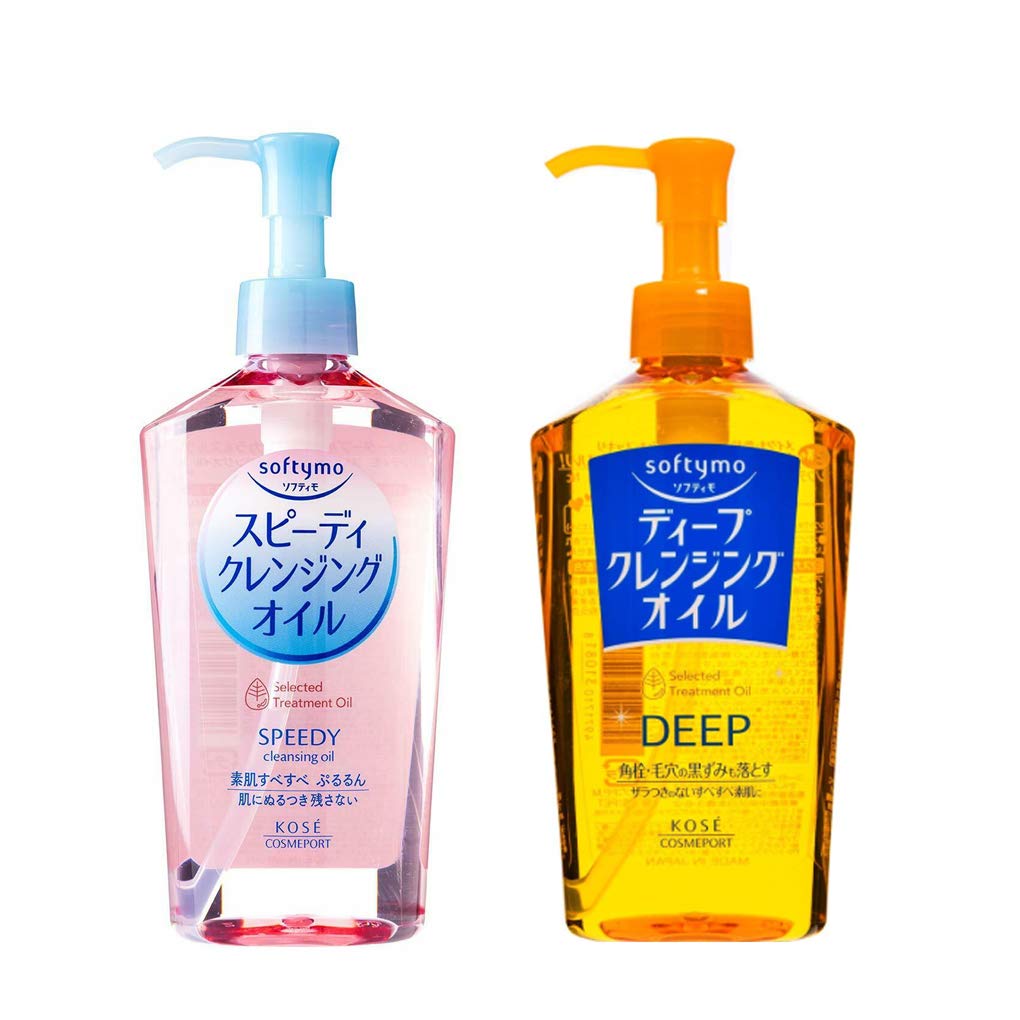 Kose Softymo front packaging showing two 230ml bottles and clear labeling, quick recognition benefit
