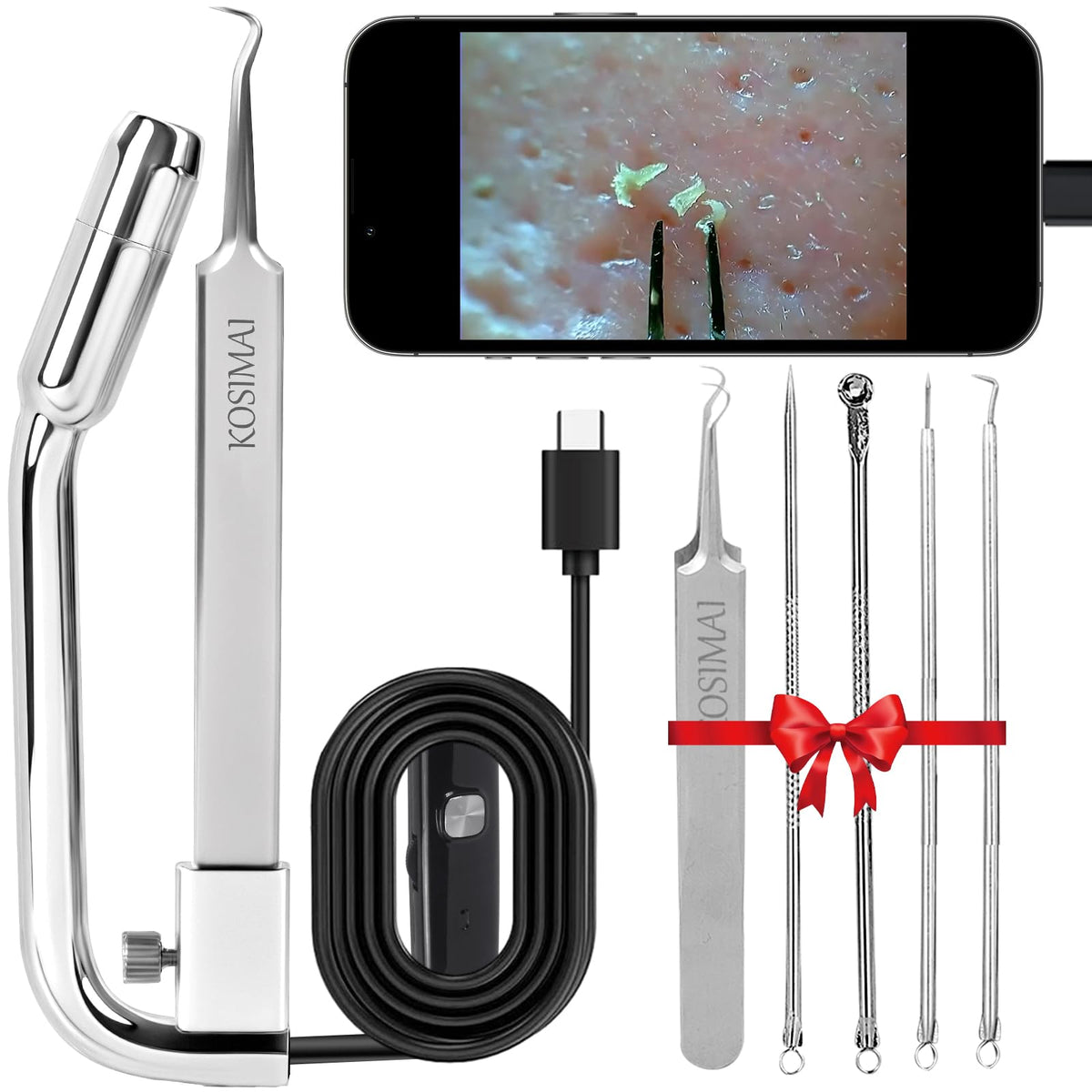 KOSIMAI front view of silver blackhead remover showing camera and body for controlled extractions