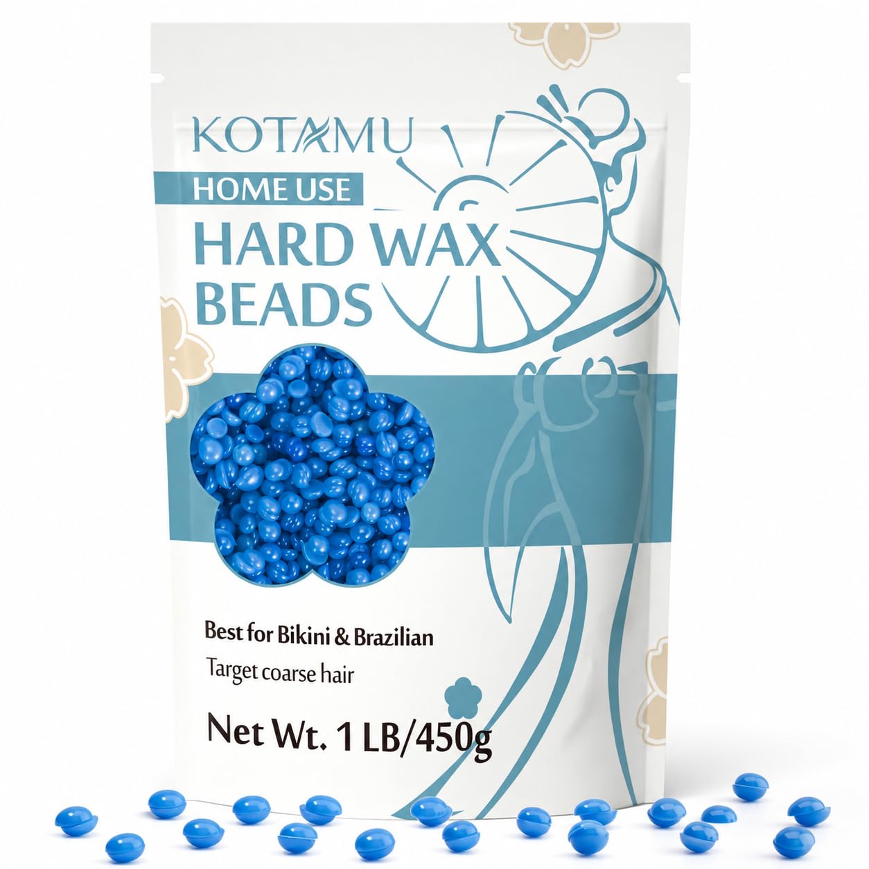 KOTAMU front packaging showing 1 lb blue wax beads and benefits