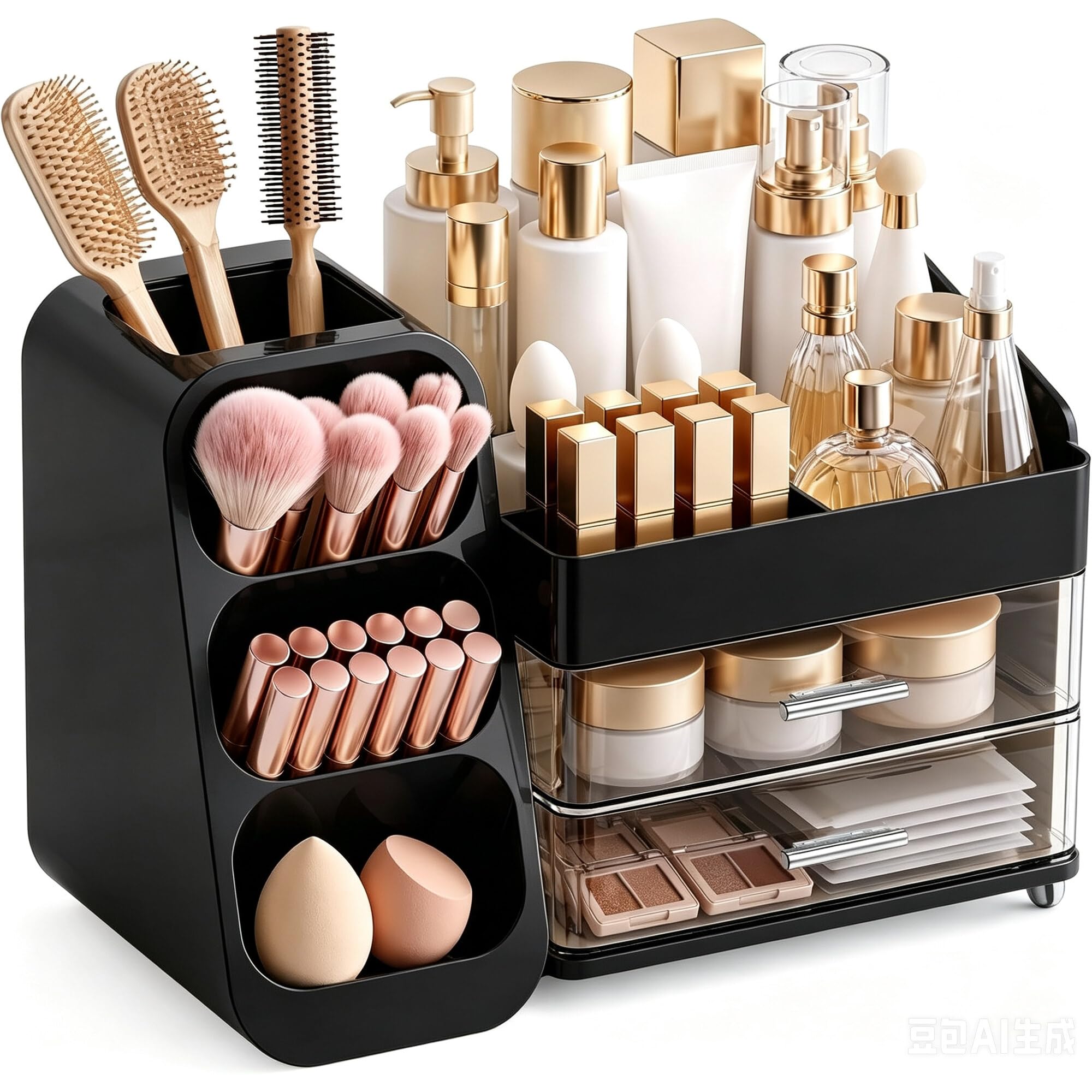 KQJS front view of black organizer showing clear drawers and neat storage benefit