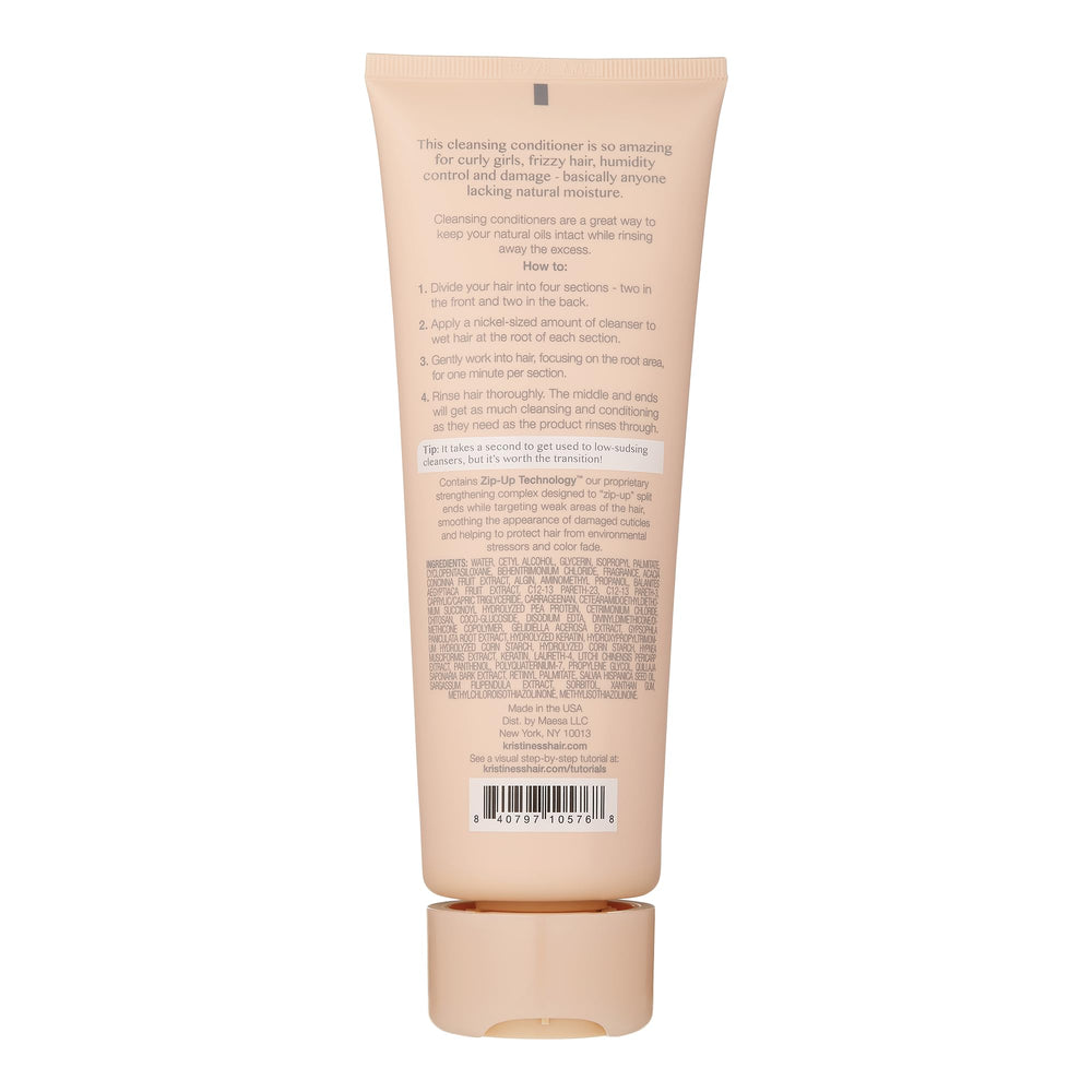 Close-up of Kristin Ess label highlighting ingredients and claims