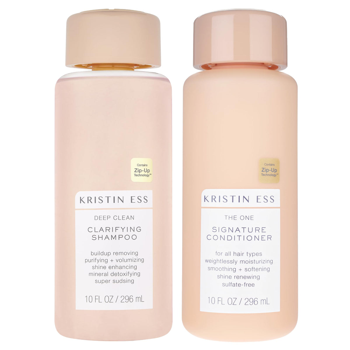 Kristin Ess front packaging shows bottles and benefits for clean, soft hair