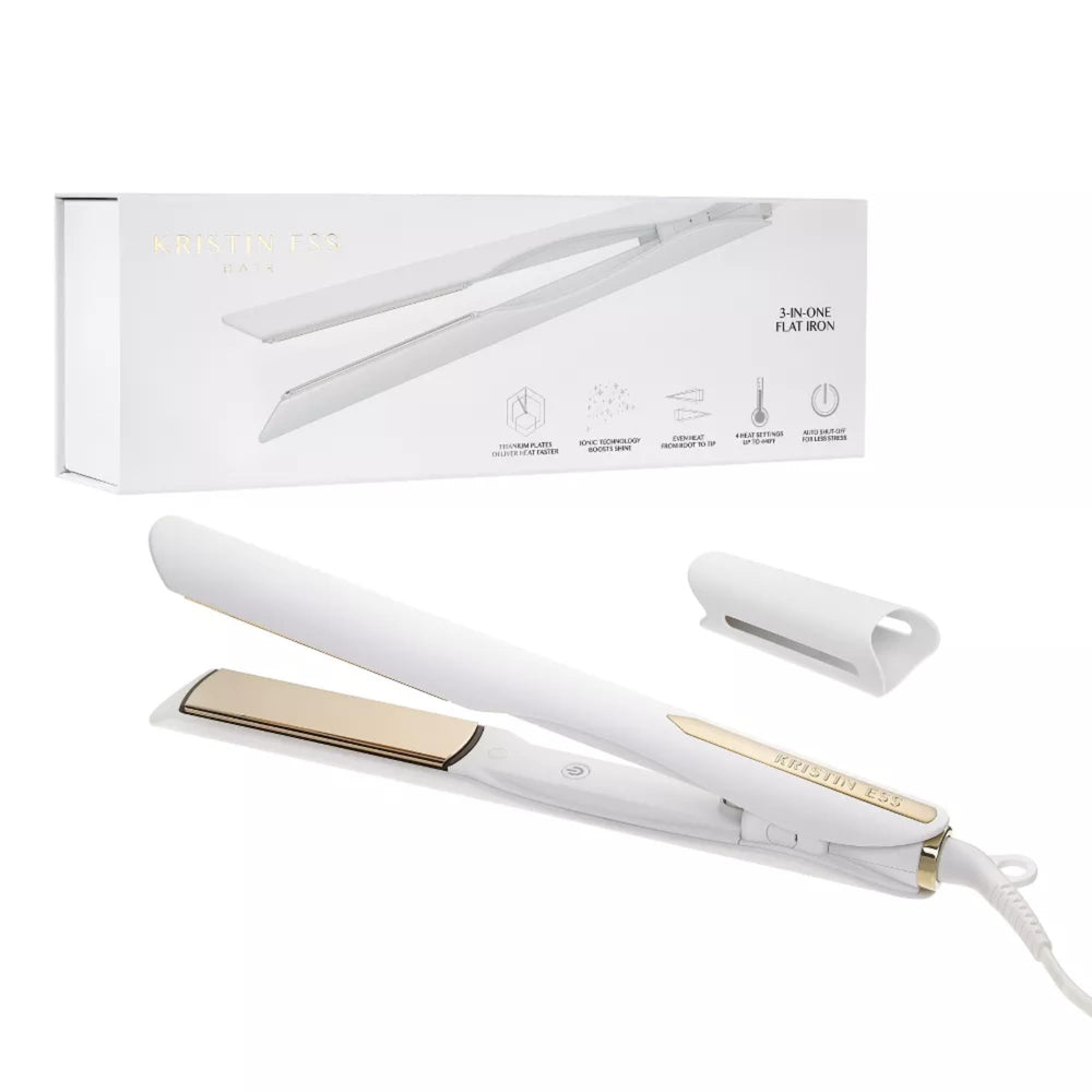 Kristin Ess front view of 3-in-1 styler showing sleek titanium finish and rounded edges for versatile styling