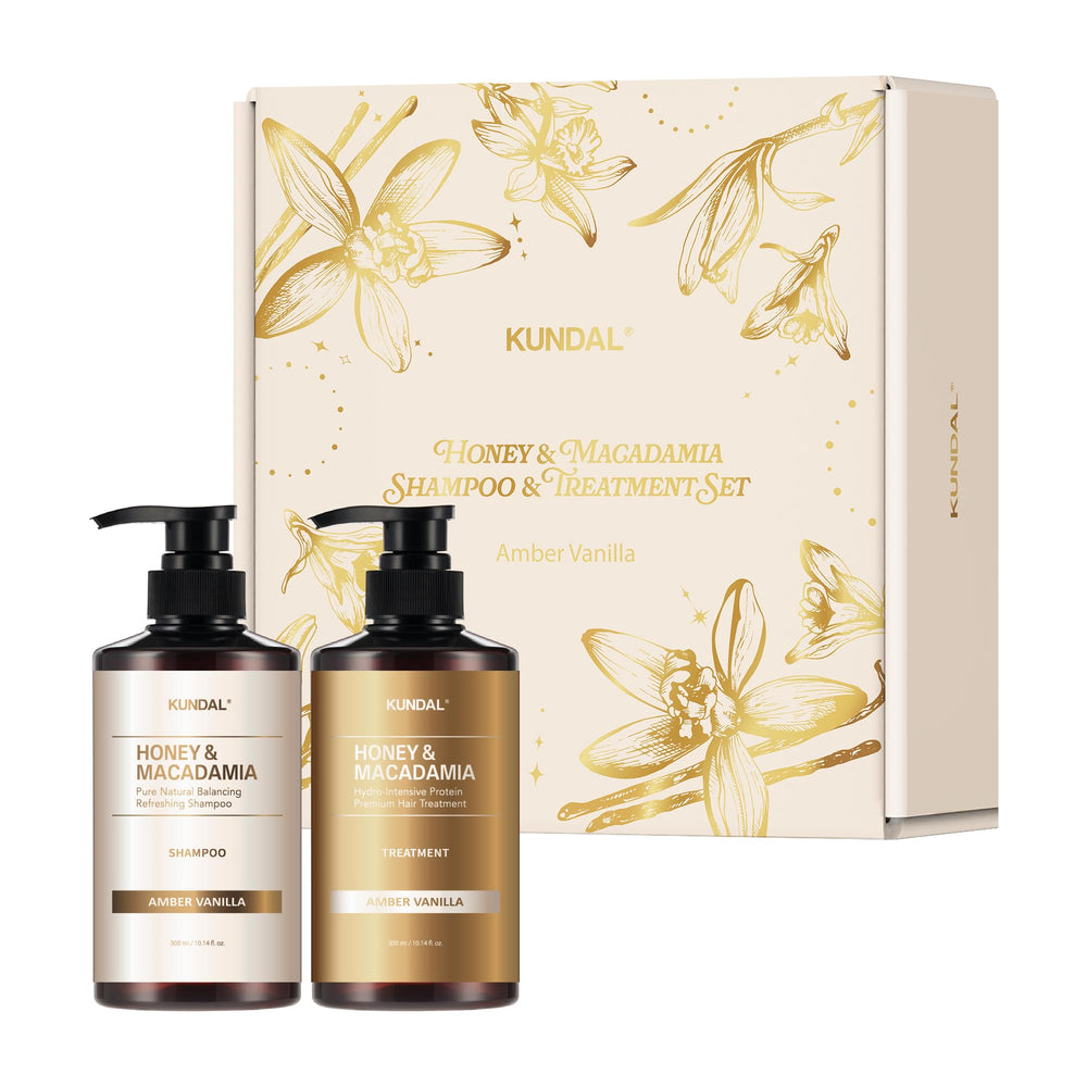 KUNDAL front packaging showing amber vanilla gift set and moisturizing benefit