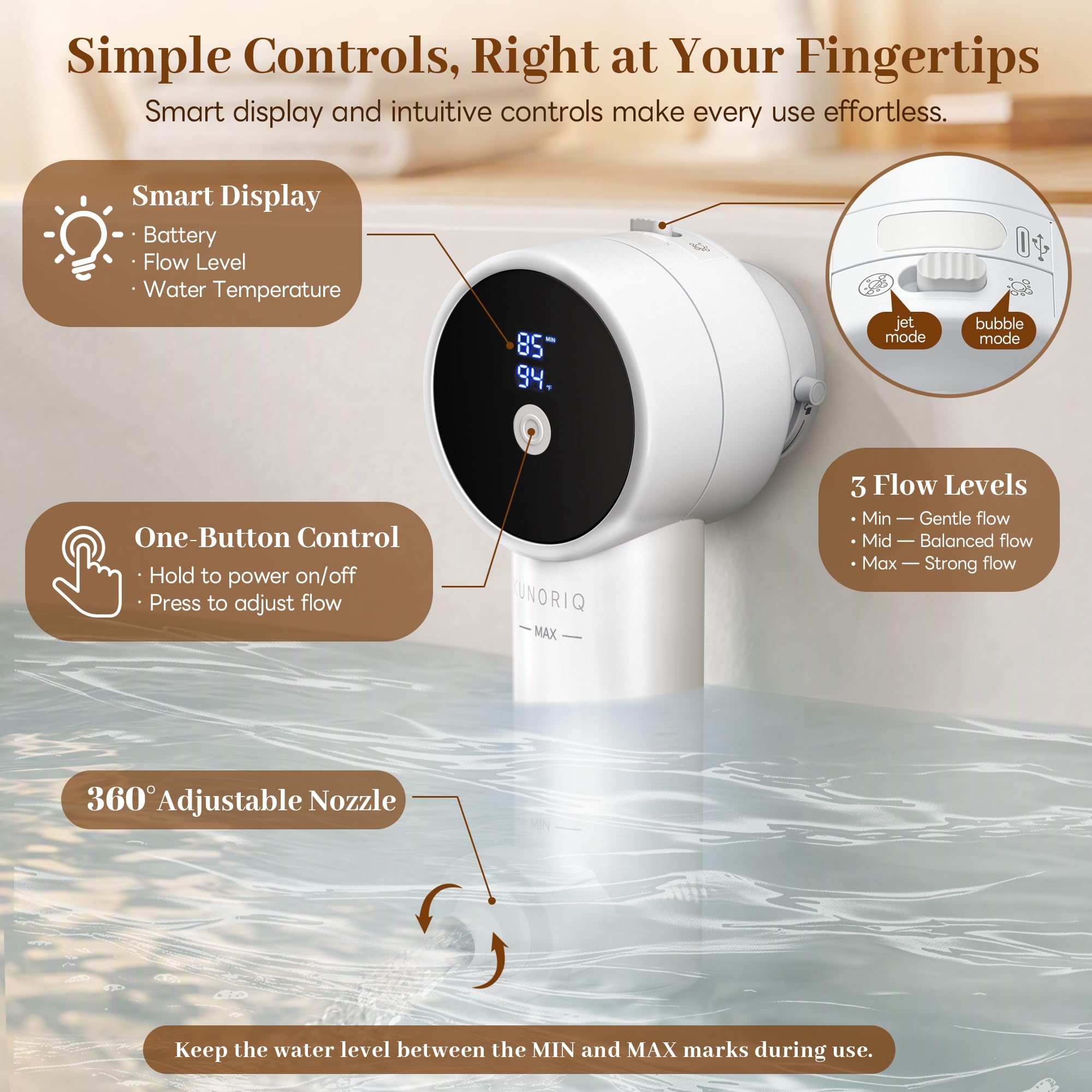 KUNORIQ next to a hand to show compact scale and cordless portability