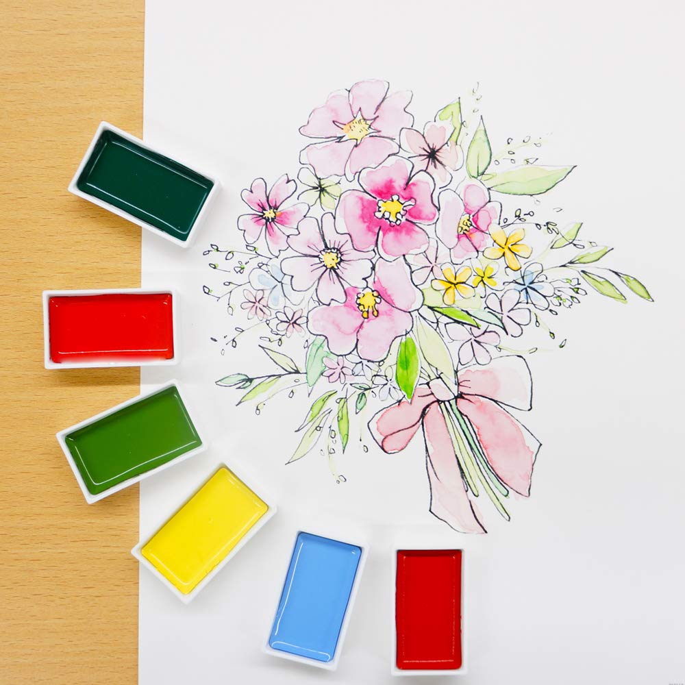 Kuretake artist painting a bright watercolor wash using Gansai Tambi paints