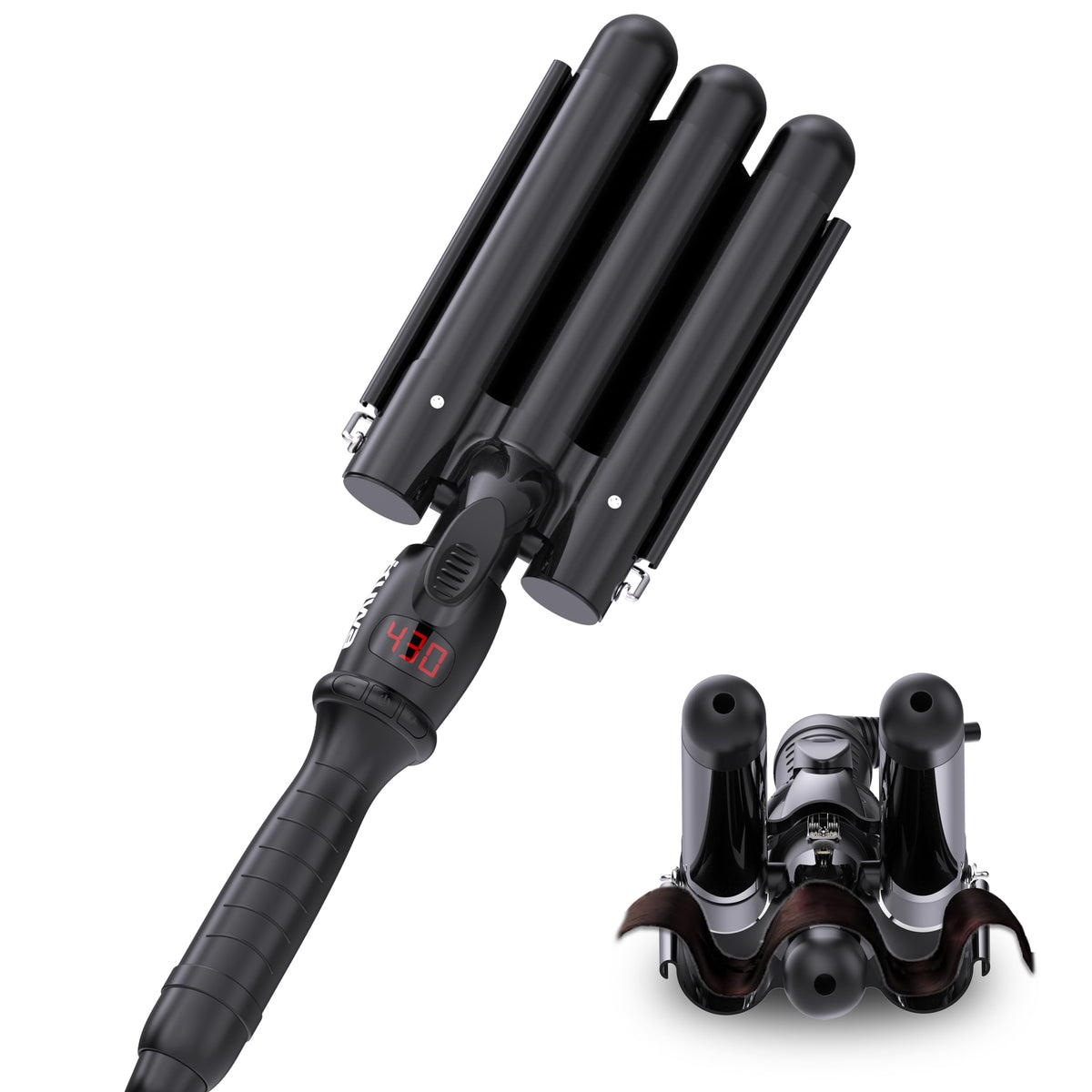 kuwa three-barrel front view showing full waver and handle, easy styling