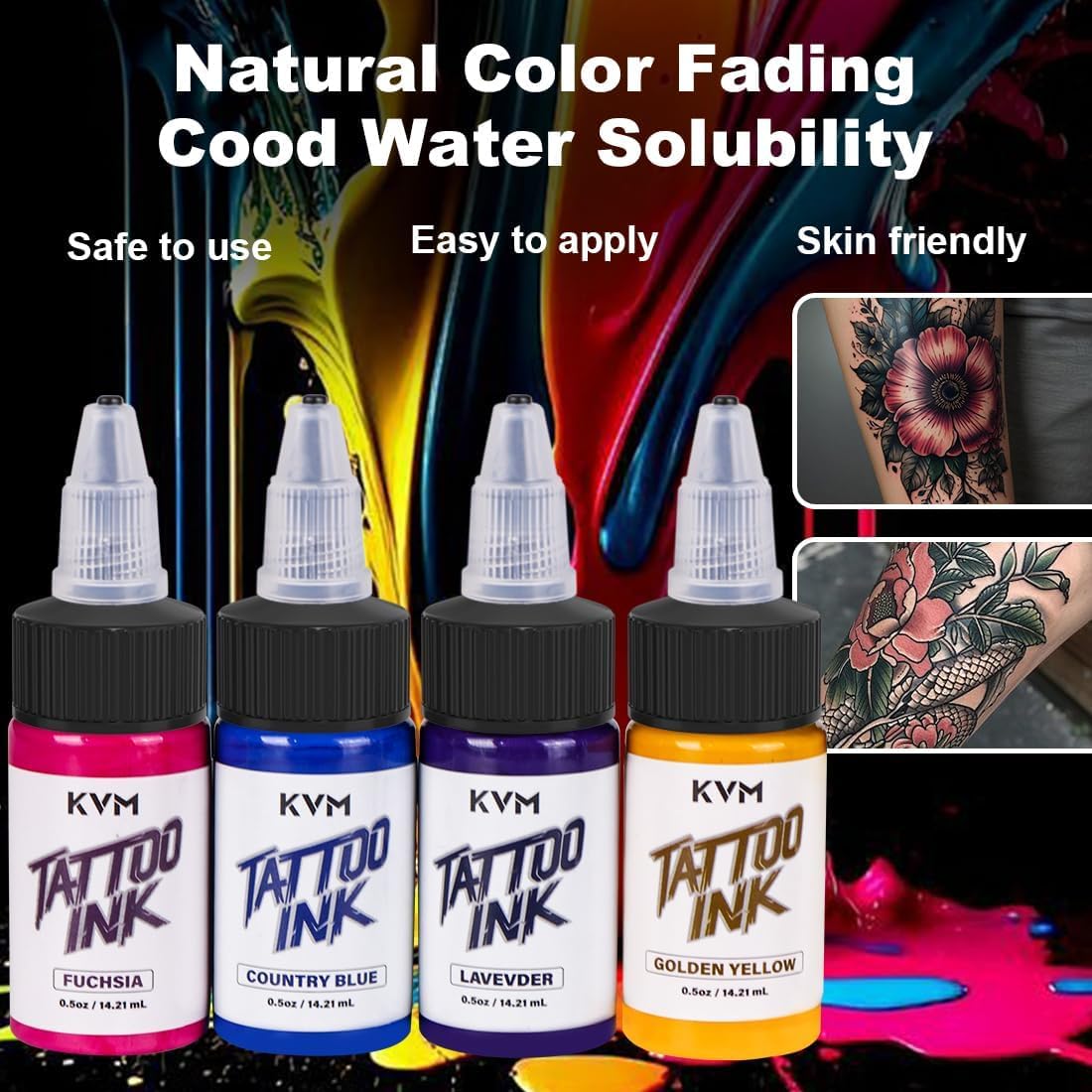KVM bottle in ink cap tray showing easy use during tattooing sessions