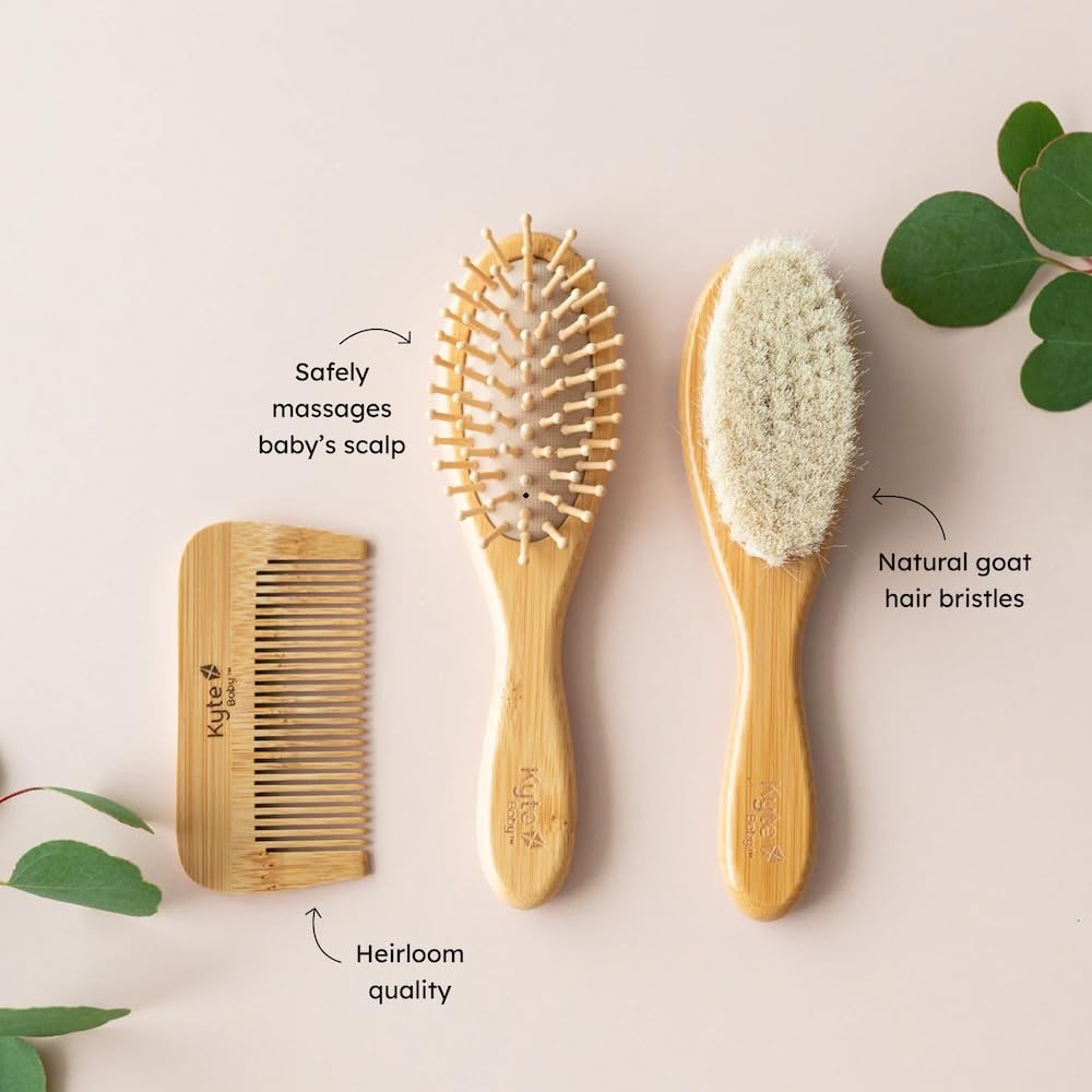 Kyte BABY goat hair brush close-up showing ultra-soft bristles for gentle scalp care
