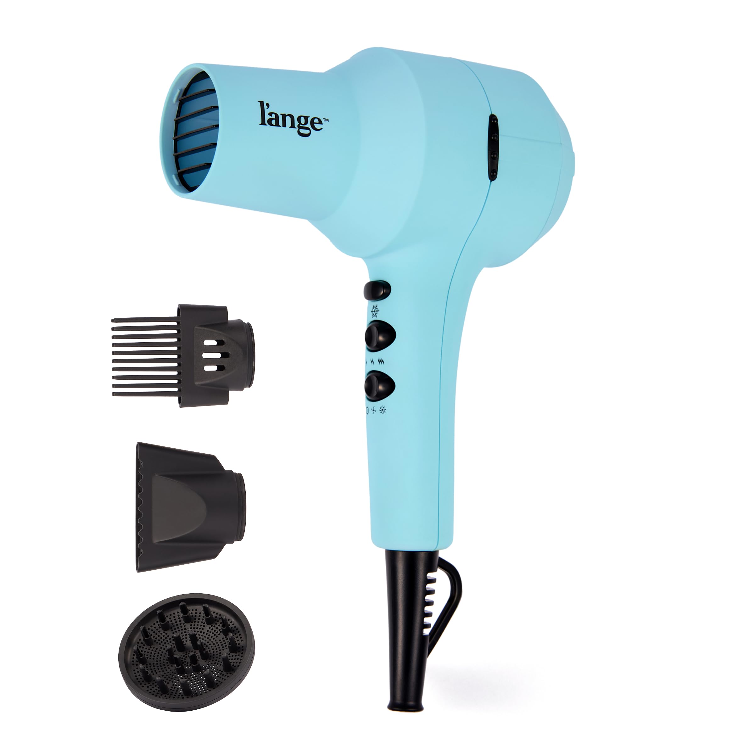 L'ANGE HAIR front view of blue dryer showing sleek design and fast drying benefit