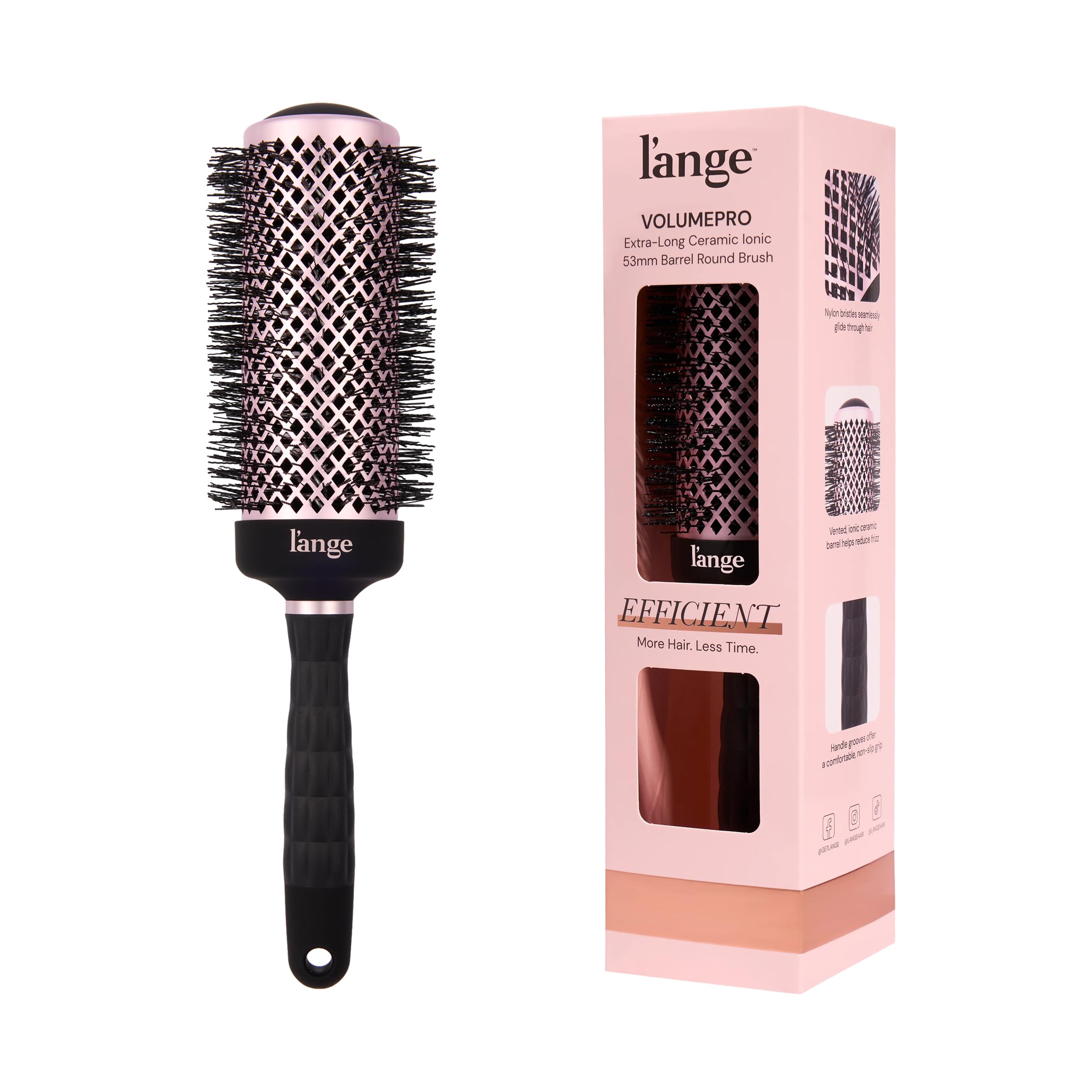 L'ANGE HAIR front view of brush showing barrel adding faster drying benefit