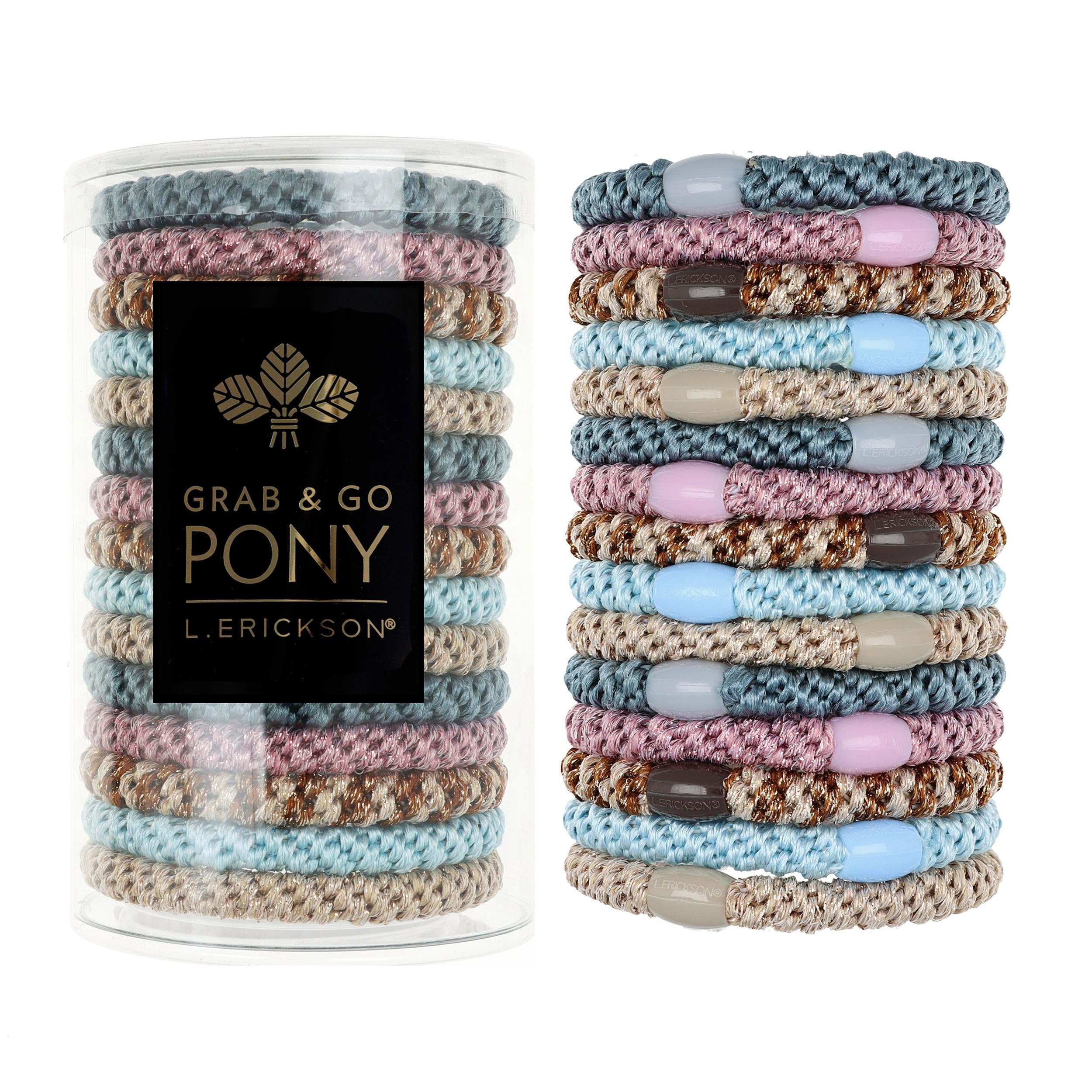 L. Erickson front packaging showing 15 hair ties, organized and gift-ready