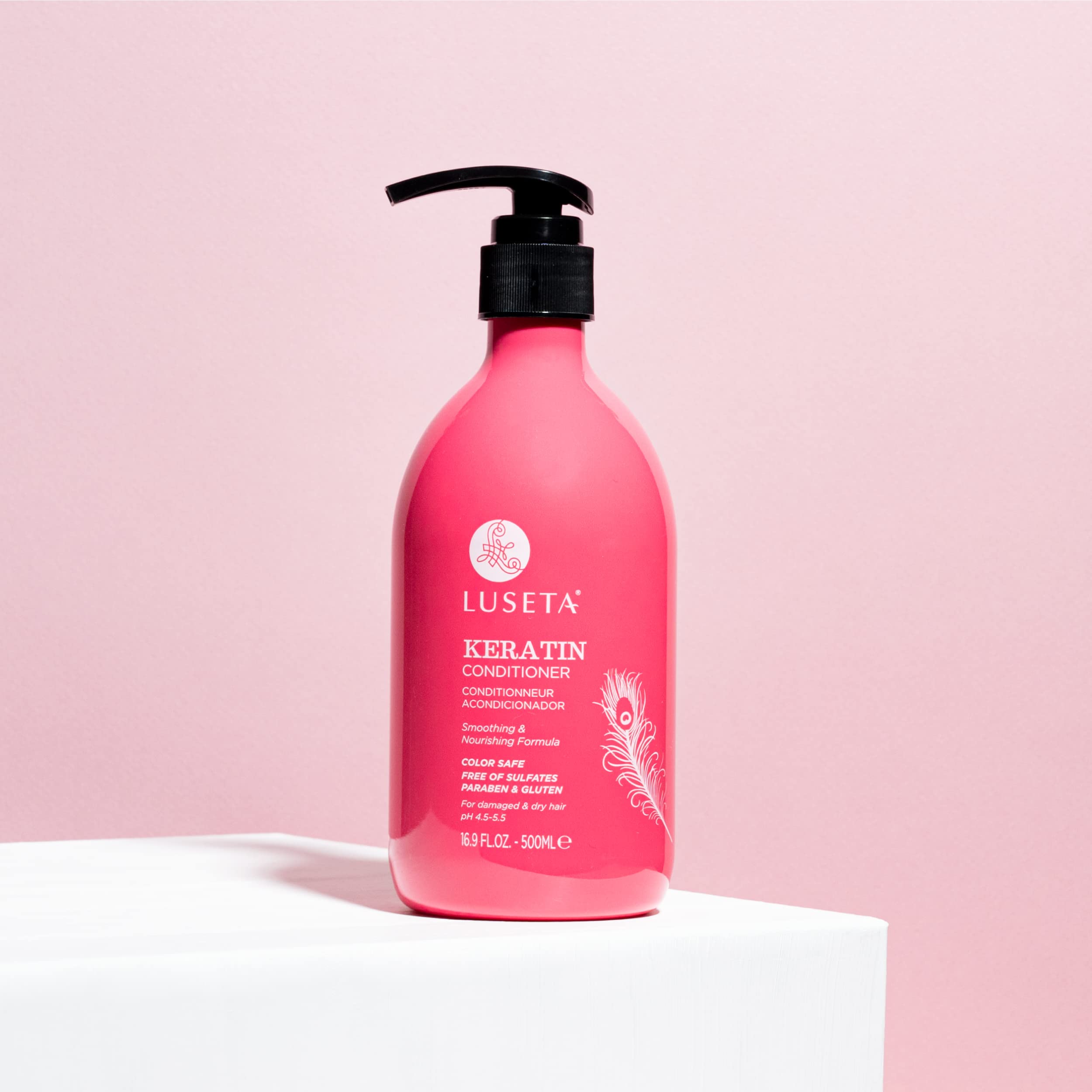 L LUSETA ingredients label close-up emphasizing keratin and sulfate-free formulation
