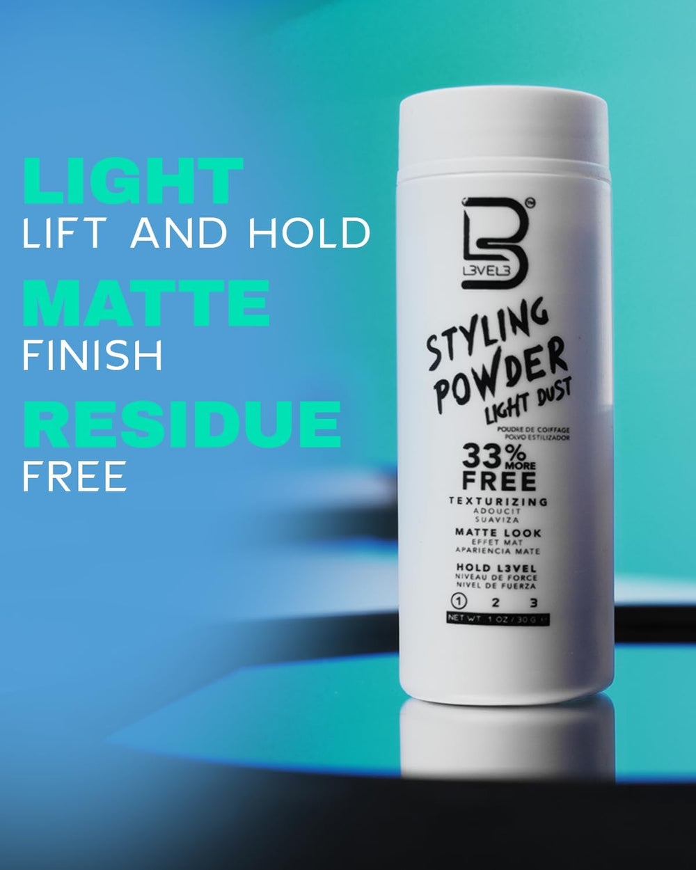 L3 powder being rubbed between fingers showing simple, mess-free application