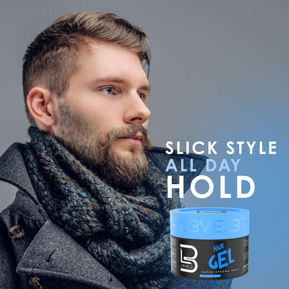 Model with slicked-back hair styled by L3 showing strong hold and polished shine