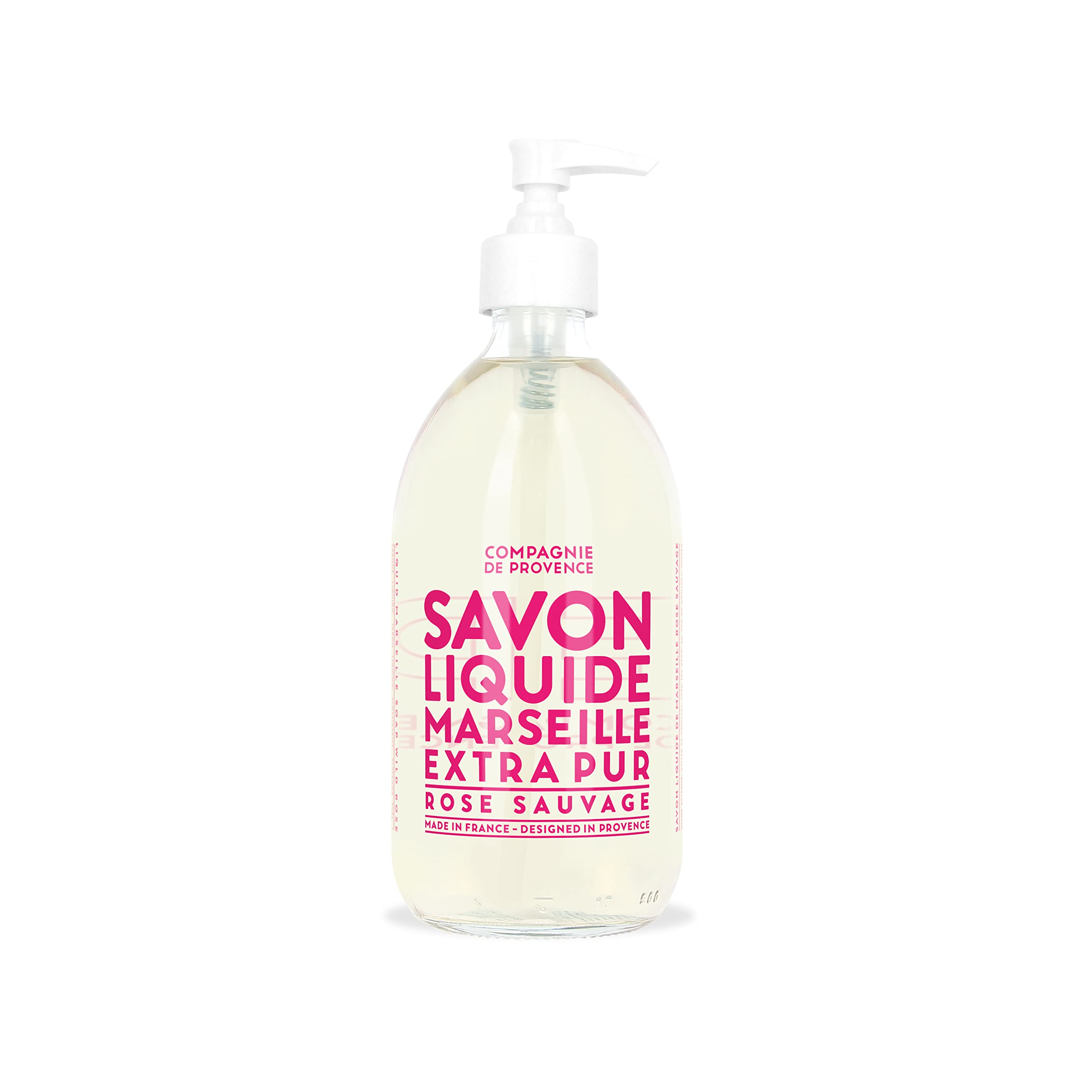 La Compagnie de Provence front bottle showing wild rose scent and elegant design benefit: elevates sink decor