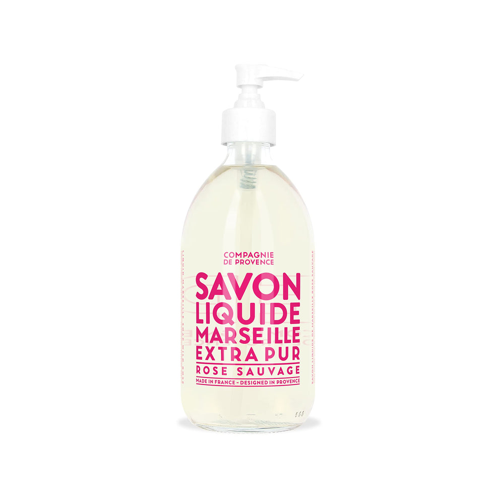 La Compagnie de Provence front bottle showing wild rose scent and elegant design benefit: elevates sink decor