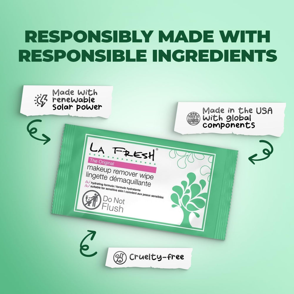 La Fresh wipes on a bathroom vanity portraying quick nightly routine benefit