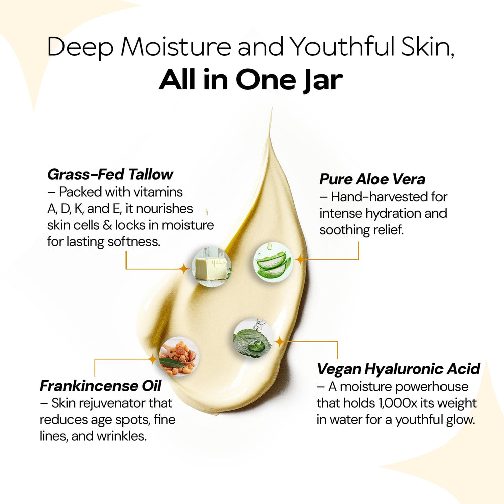 LA PURE ingredients display including grass-fed tallow and aloe for nourishment