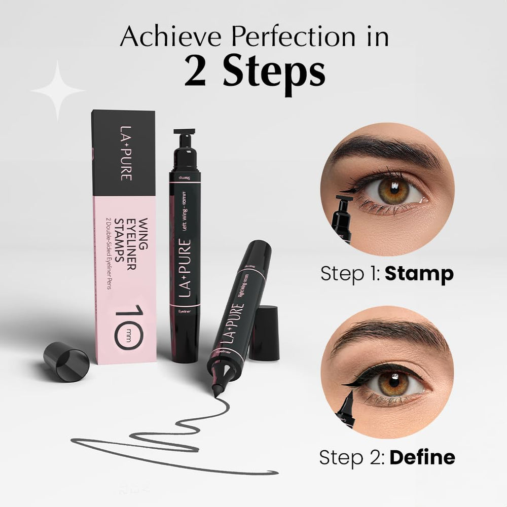 LA PURE ink texture swatch showing rich black, quick-dry formula benefits
