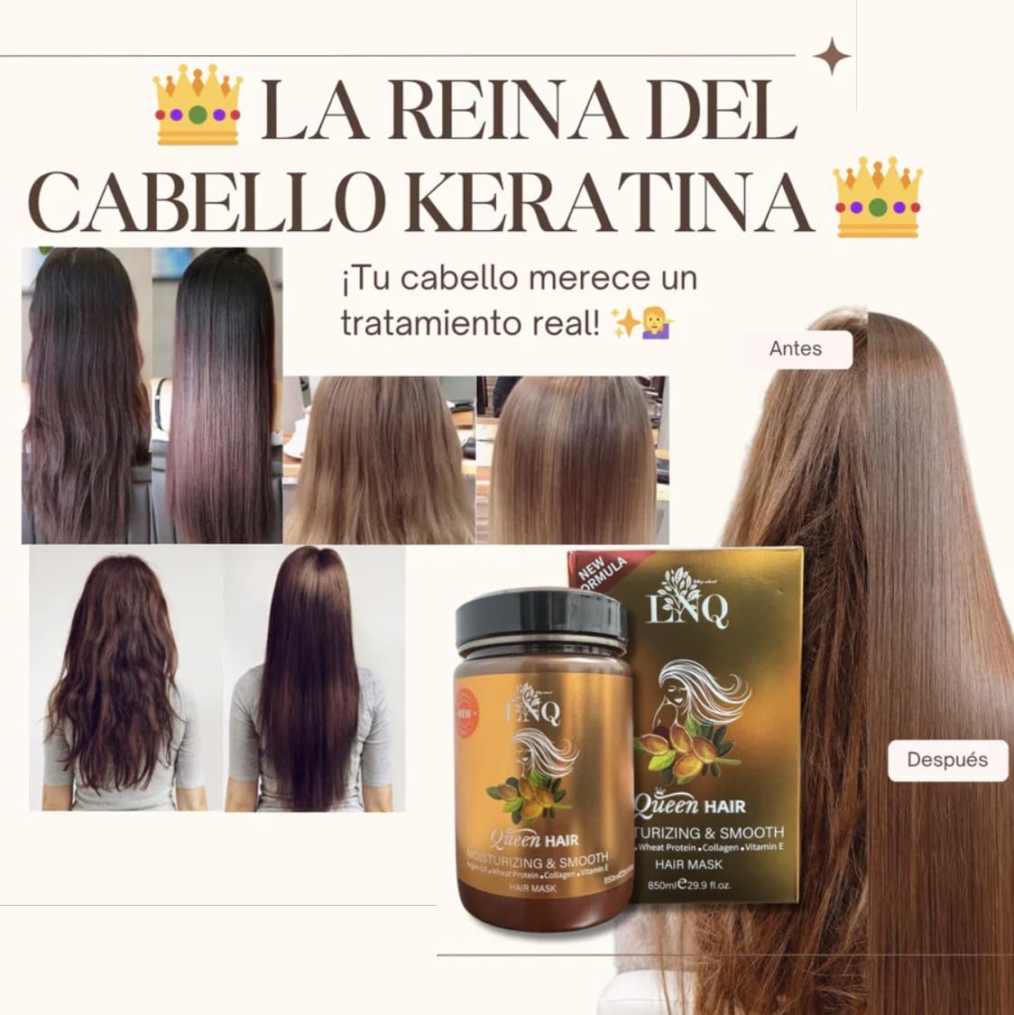 La Reina del Cabello before and after split view showing smoother shinier hair benefit