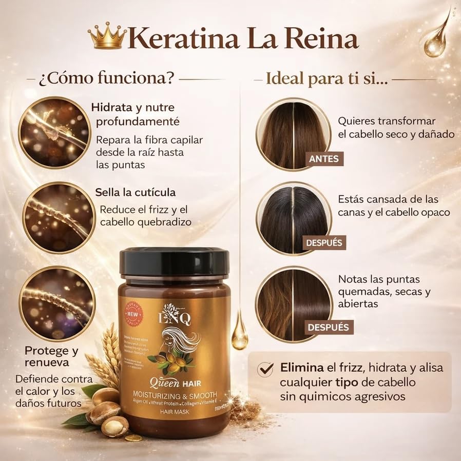 La Reina del Cabello staged with argan, collagen, wheat visuals showing nourishing benefit