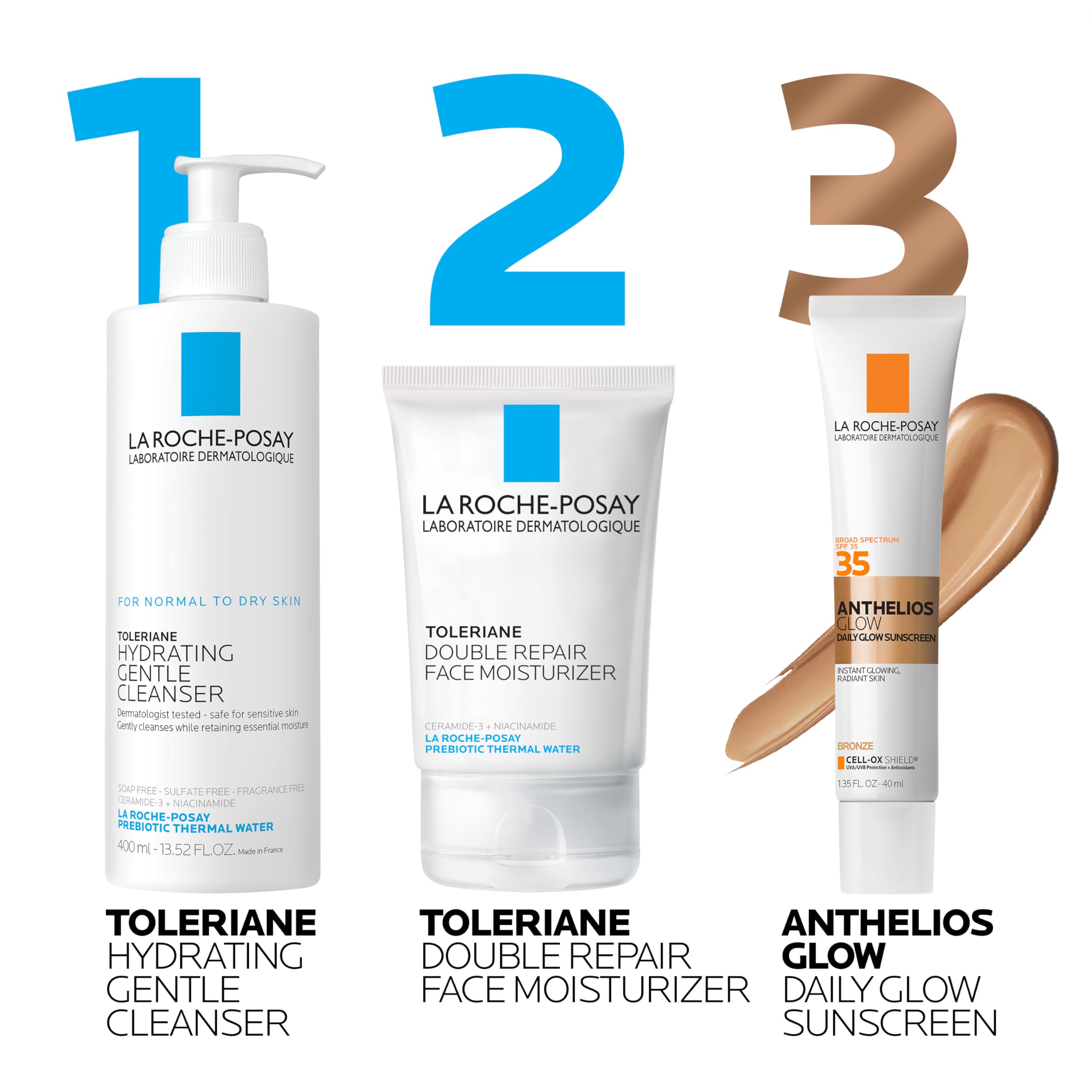 La Roche-Posay texture swatch showing lightweight sunscreen glow benefit