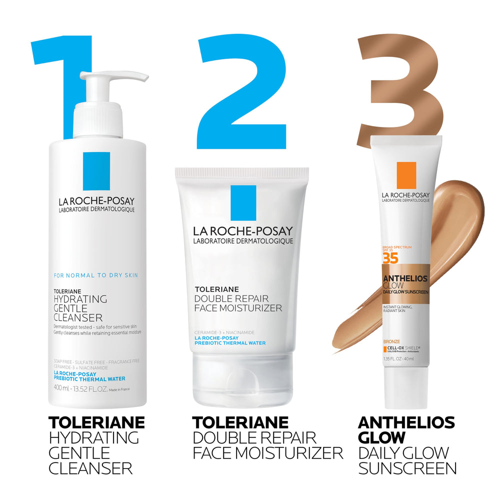 La Roche-Posay texture swatch showing lightweight sunscreen glow benefit