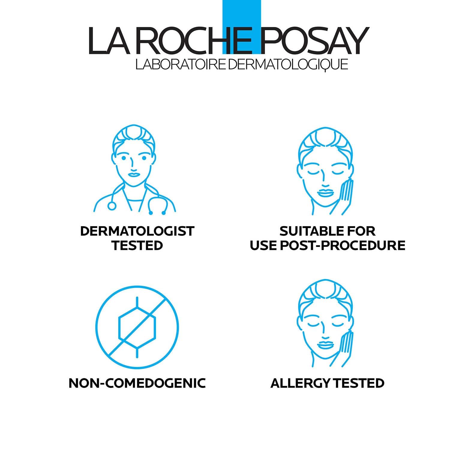 La Roche-Posay tube beside coin showing 1.35 oz travel-ready size benefit