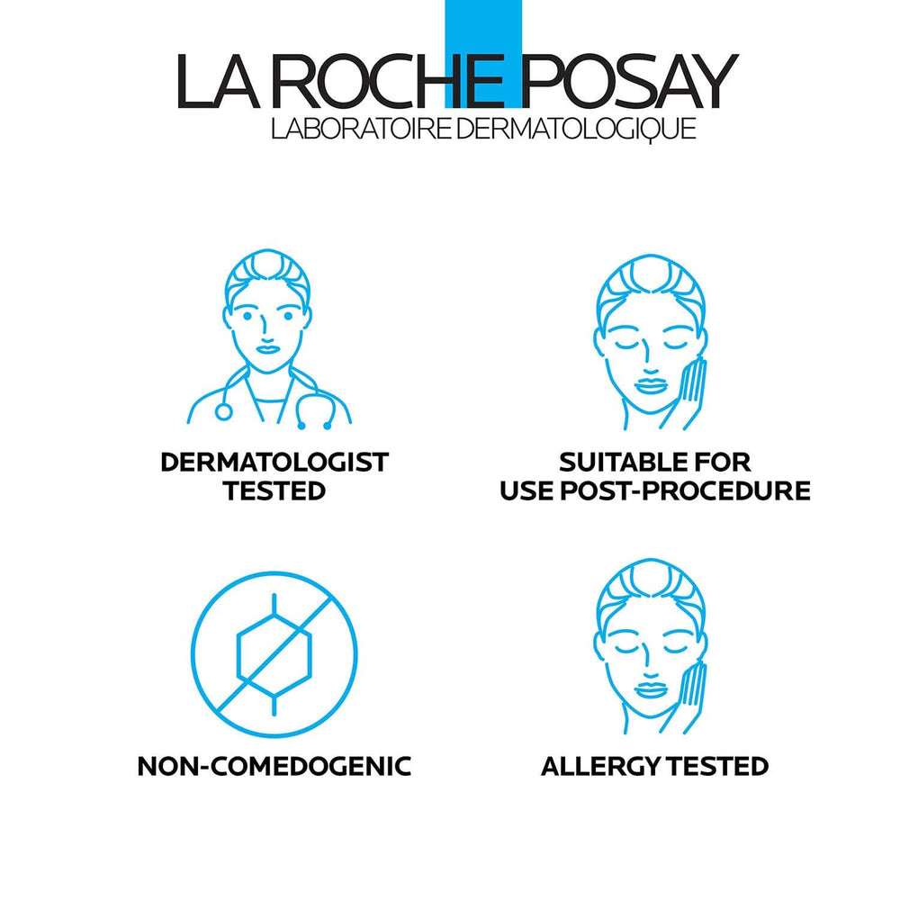 La Roche-Posay tube beside coin showing 1.35 oz travel-ready size benefit