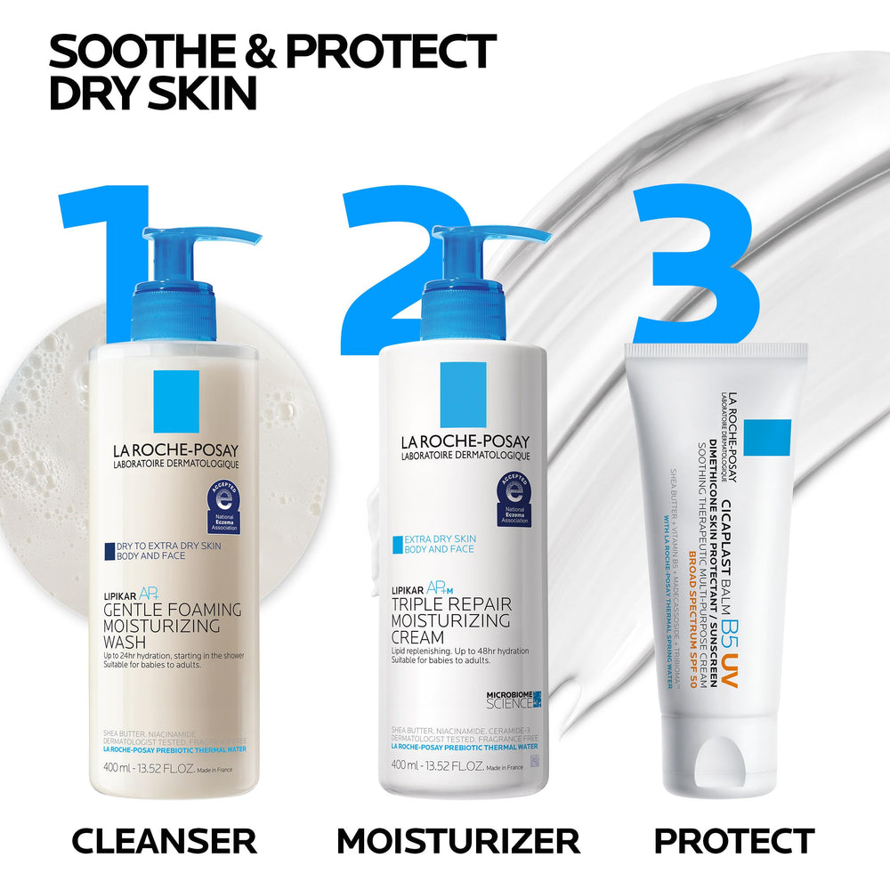 La Roche-Posay tube in a tote bag showing portable sun protection and repair benefit