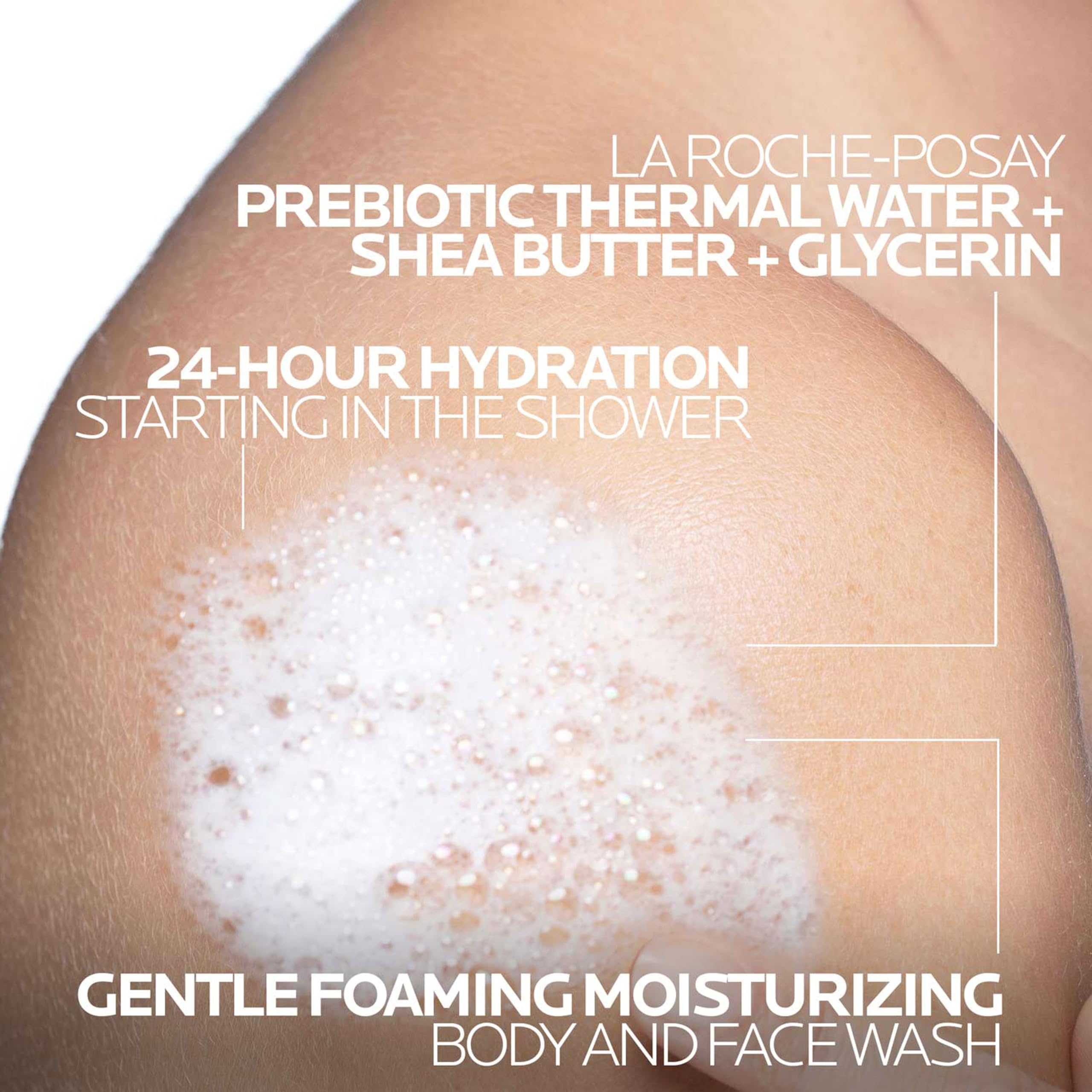 Close-up foam texture of Lipikar AP+ illustrating gentle lather and mild cleansing