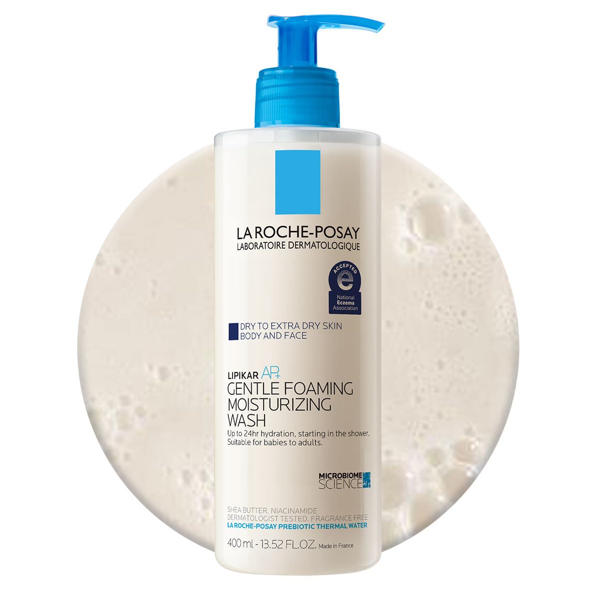 La Roche-Posay bottle front view showing clean labeling and pump for easy use