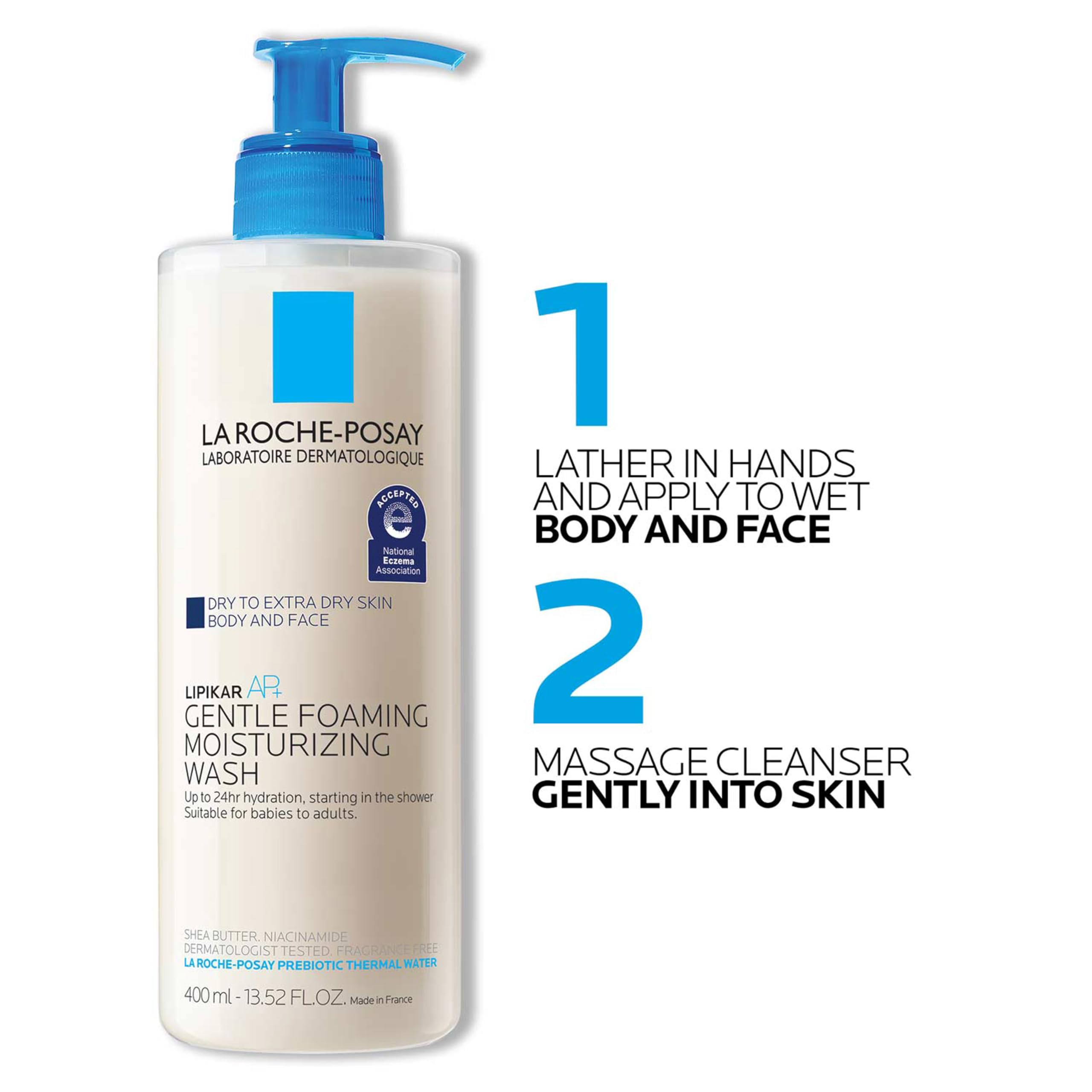 Product being used in shower, showing La Roche-Posay provides immediate hydration
