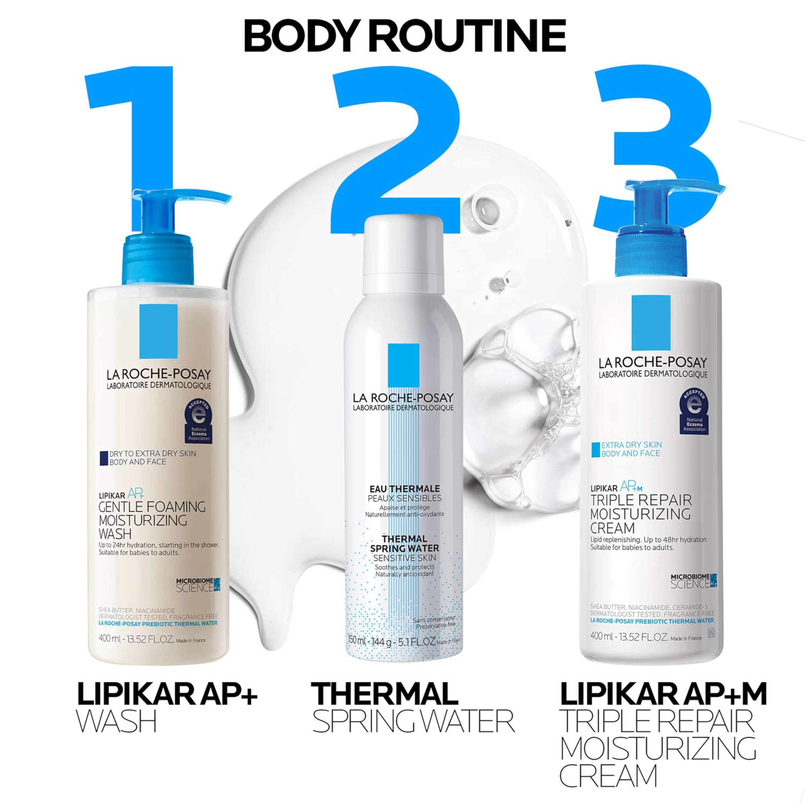 La Roche-Posay bottle next to hand for scale showing generous 10.1 oz size