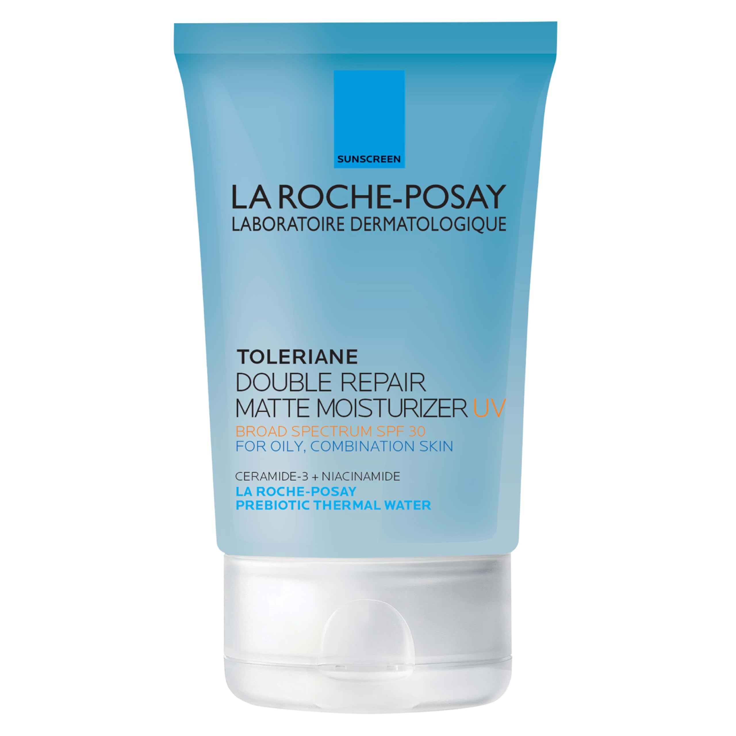 La Roche-Posay front packaging showing bottle and SPF 30 benefit