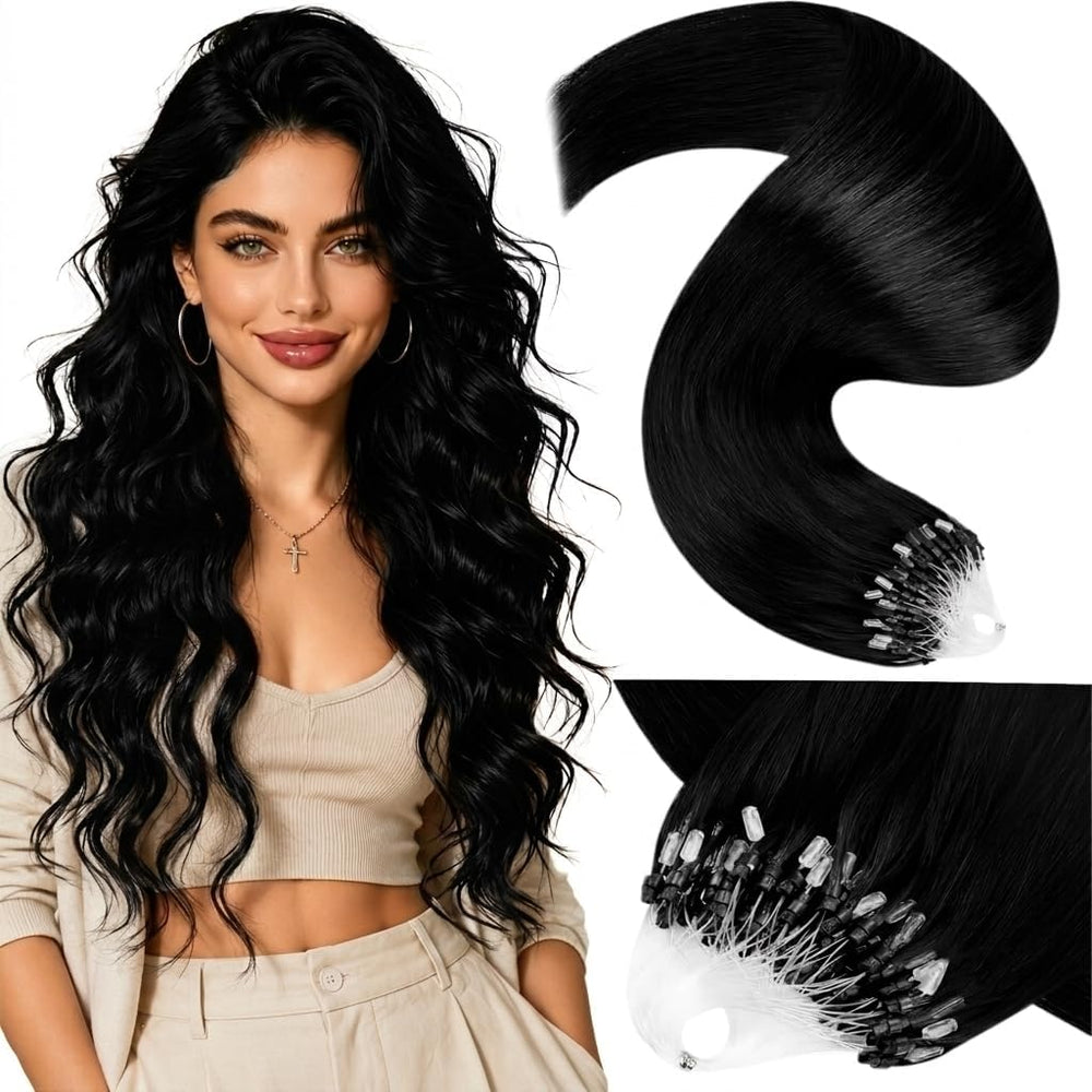 LaaVoo front packaging showing 20 inch jet black extensions and benefits